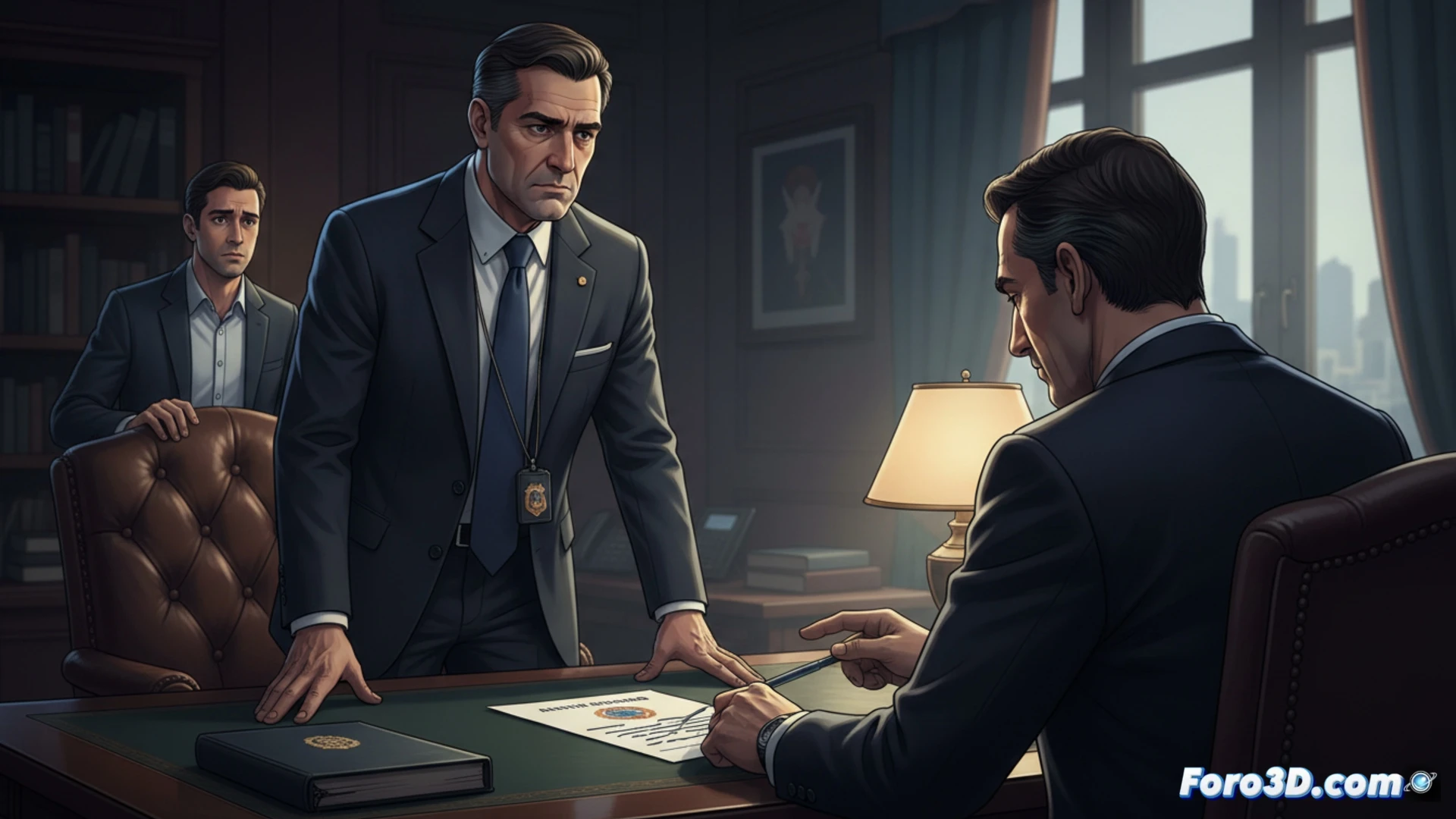 Photorealistic cinematic scene of a high-ranking Guardia Civil officer in formal uniform standing in a dimly lit office, one hand pressing down a folder labeled UCO on a wooden desk, while a superior officer in a suit gestures with a stop hand signal from behind a glass partition, shadows cast by a desk lamp illuminating scattered documents and a computer monitor showing an official judicial request file, tense body language emphasizing pressure and obstruction, dramatic chiaroscuro lighting, ultra-detailed textures of uniform fabric and paper, wide-angle lens, photorealistic technical visualization