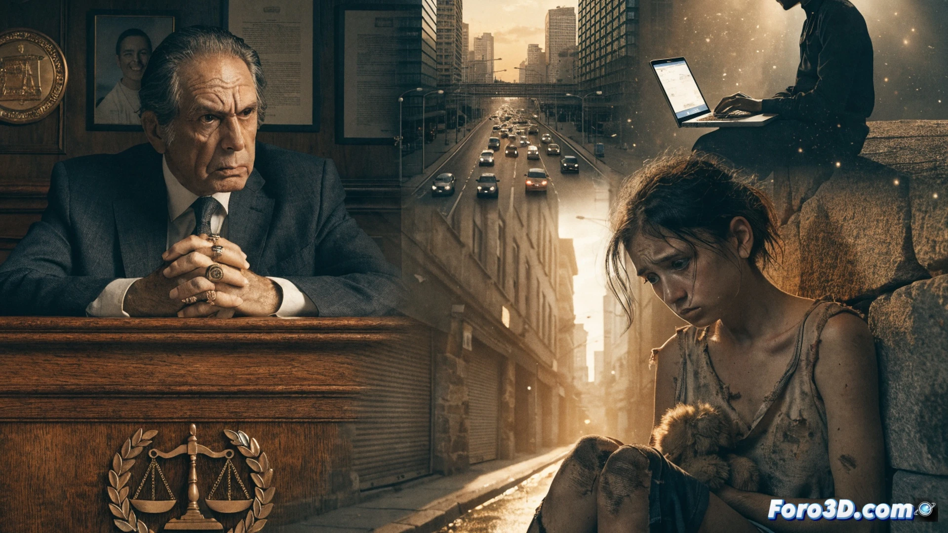 A courtroom scene showing a judge’s gavel striking a wooden block while a digital scale tips heavily toward a small smartphone screen displaying a single insult, opposite side holds a pile of broken public hospital equipment and torn textbooks, forensic evidence markers on the floor, cinematic judicial lighting, photorealistic technical illustration, dramatic shadows, dust motes in light beams, marble columns in background, action of unbalanced justice process
