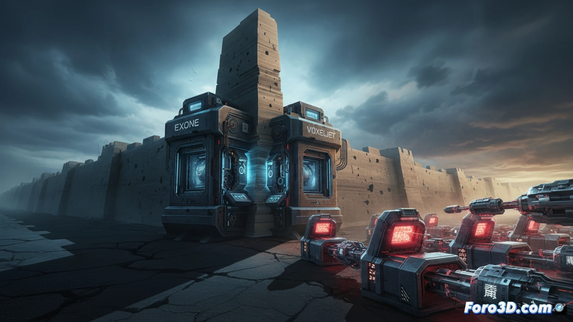 two industrial 3D printers collapsing together, one labeled with sand binder jetting system, the other with polymer powder bed, both machines cracking and fusing into a single broken monolithic block, molten plastic and sand spilling out, a Chinese metal 3D printer in the background glowing with speed lines and lower price tags, dark factory floor, sparks and dust flying, dramatic side lighting, photorealistic engineering visualization, metallic textures, industrial decay, chaotic mechanical failure, ultra-detailed hardware components, cinematic action scene