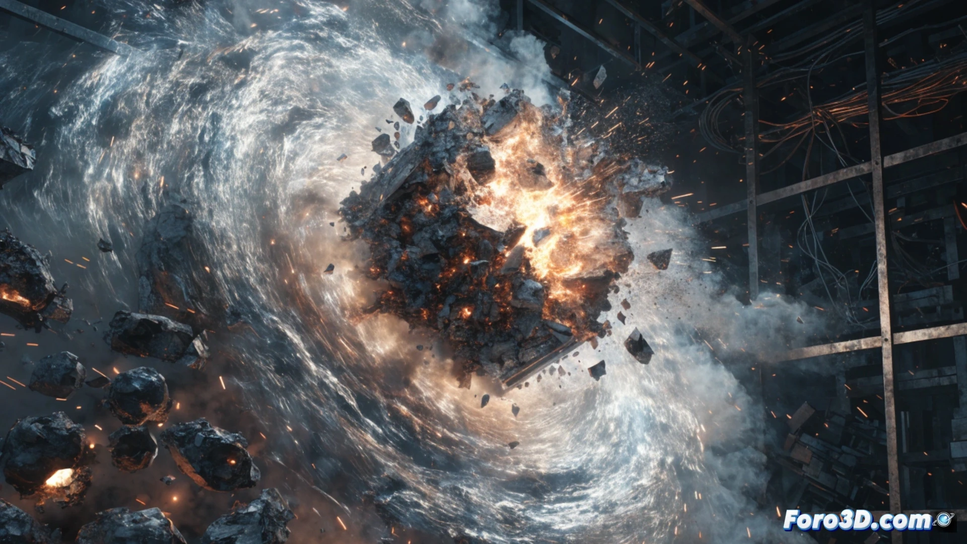 Simulación 3D de explosión de batería sólida con onda expansiva y fragmentos en laboratorio de pruebas