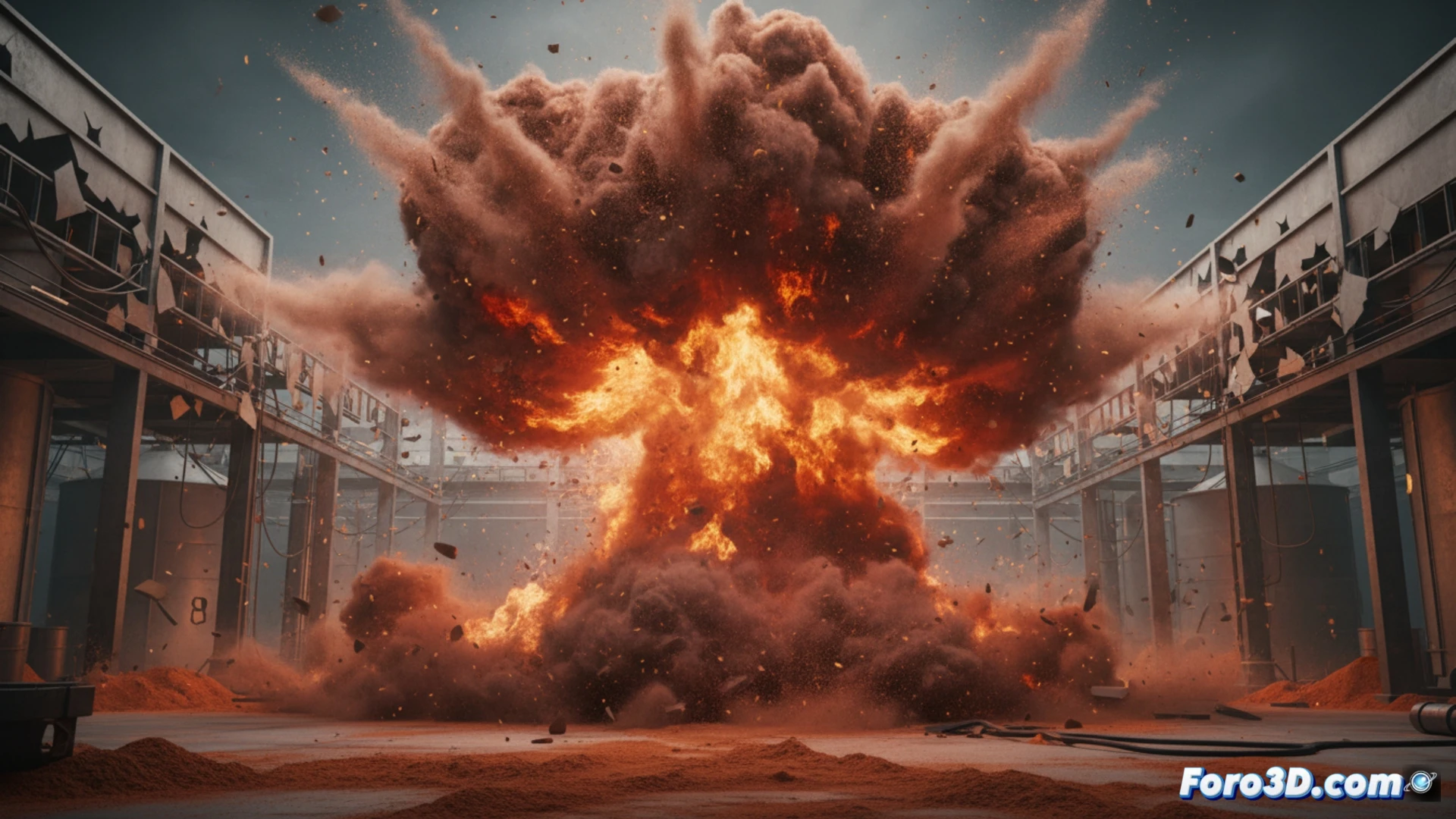 Simulación 3D de explosión de polvo de canela en cocina industrial, onda expansiva y partículas suspendidas