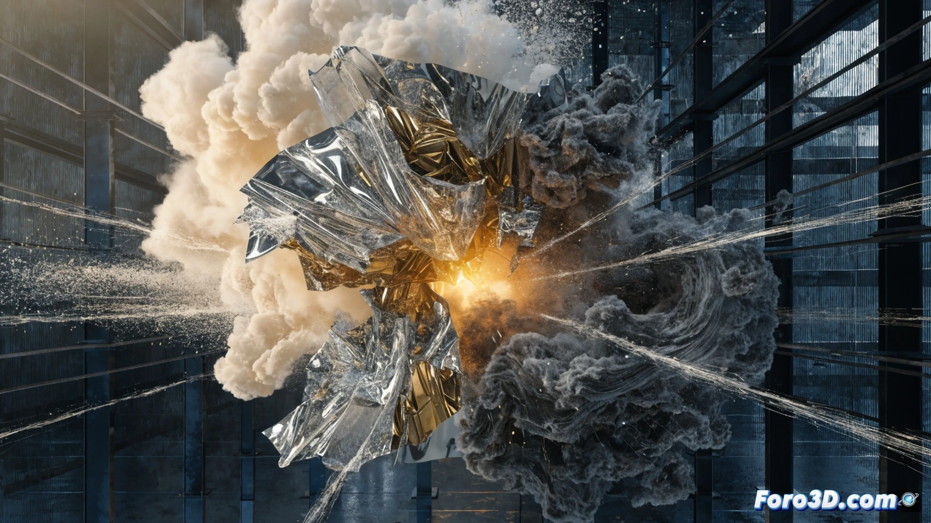 Industrial explosion aftermath inside a chlorine electrolysis cell, ruptured membrane torn apart by hydrogen overpressure, gas bubbles expanding violently in anodic compartment, fractured metallic components and debris scattered, glowing orange hydrogen flames near broken membrane, 3D scanning equipment FARO Scene visible in background, COMSOL Multiphysics simulation screen showing pressure distribution contours, technical engineering visualization, photorealistic render, dramatic dark industrial lighting with sparks and smoke, ultra-detailed mechanical failure, cinematic action scene