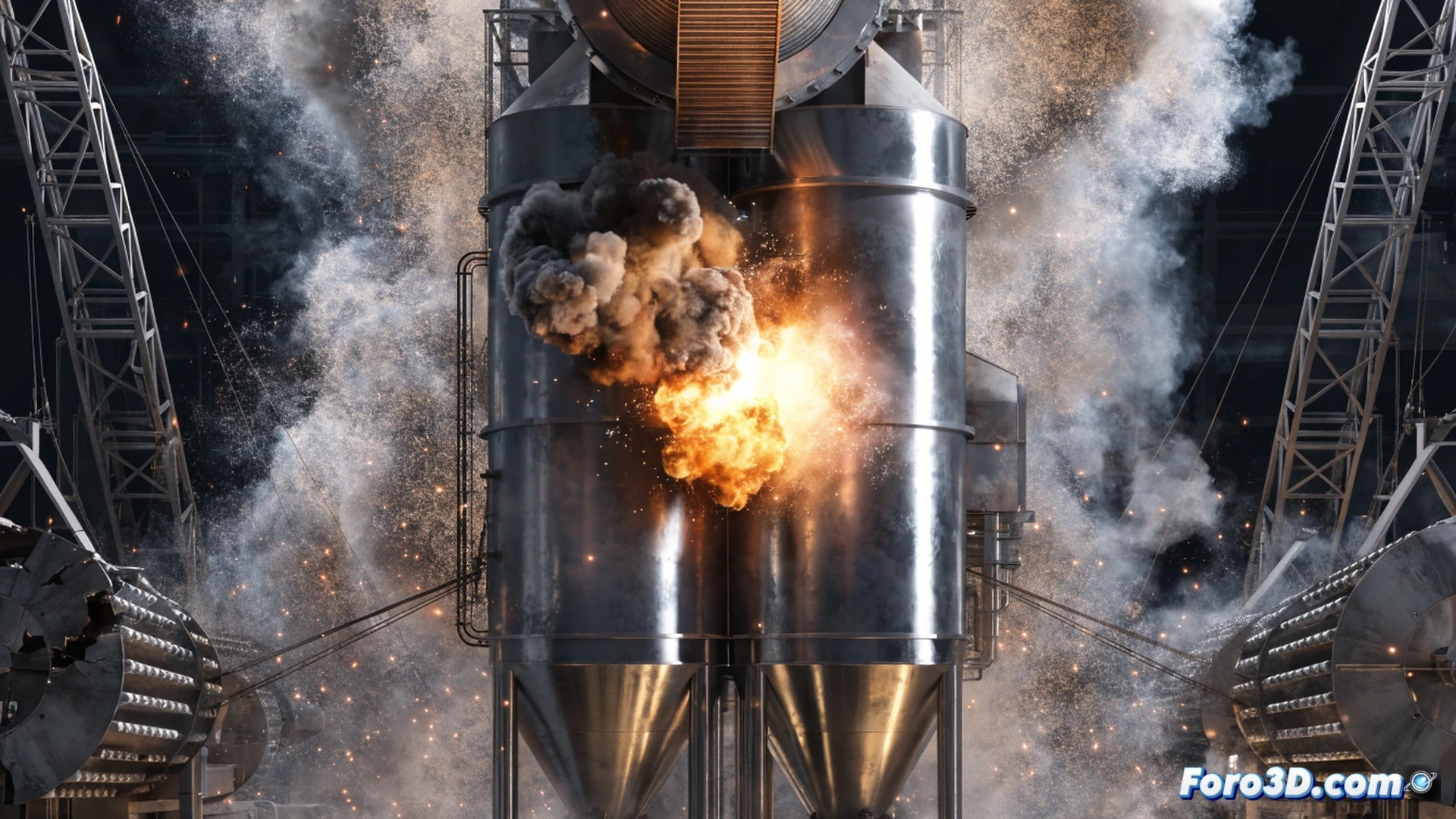 industrial silo explosion aftermath, conveyor elevator housing torn open with visible heat-damaged bearing inside, airborne starch dust particles igniting in a chain reaction, 3D simulation overlay showing FLACS dispersion cloud and FARO scan point cloud data floating above the wreckage, cinematic engineering visualization, dramatic orange-black smoke billowing, glowing ember trails tracing explosion propagation paths, photorealistic technical render with sharp mechanical detail, smoky atmosphere, high contrast industrial lighting
