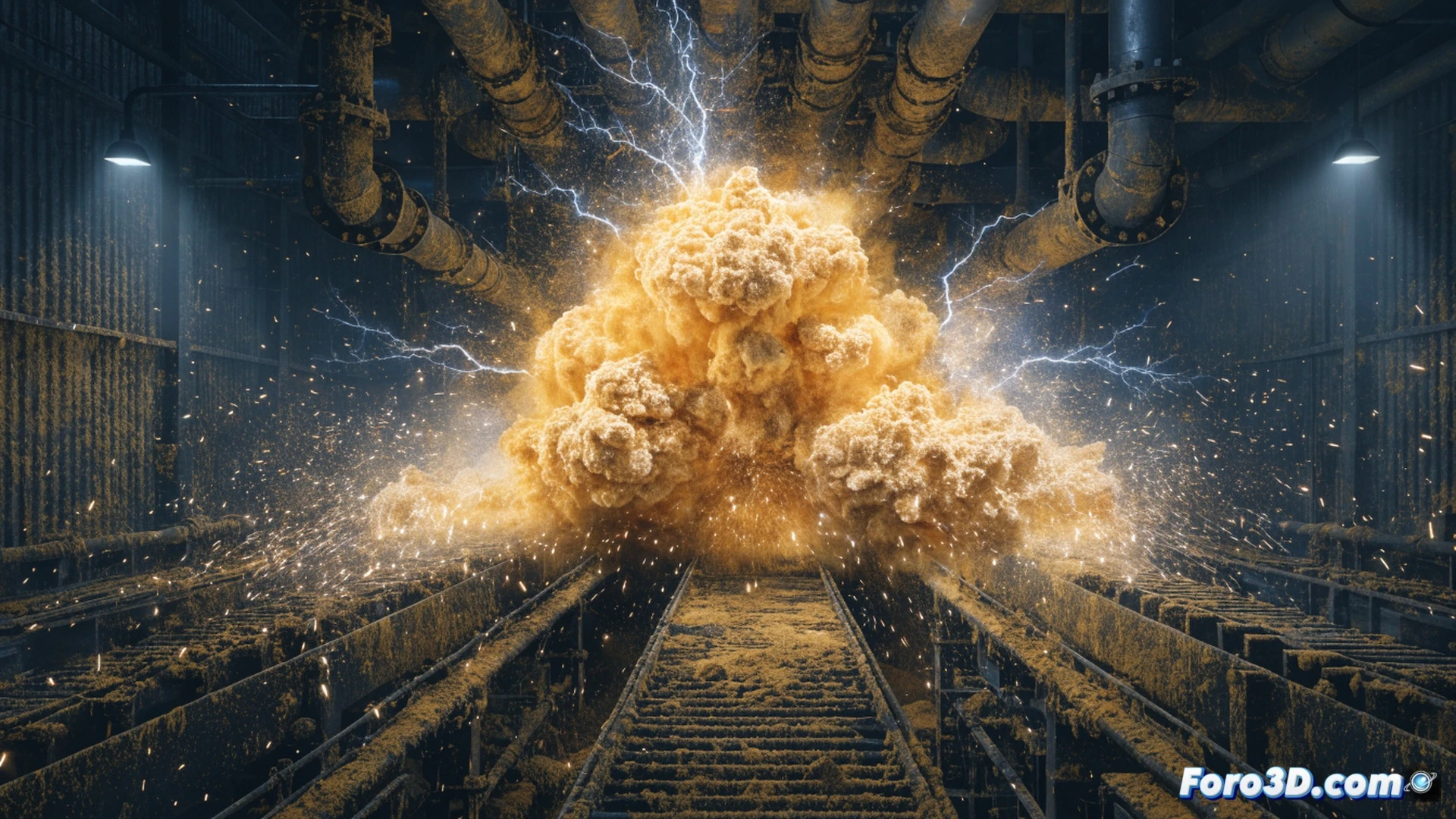 cinematic engineering visualization of a sulfur silo explosion, conveyor belt system with static discharge spark igniting airborne sulfur dust cloud, massive deflagration wave expanding outward, silo walls rupturing, debris fragments flying, FARO Scene laser scanner and FLACS simulation interface visible as holographic overlays, industrial facility with twisted metal beams, smoke and fire, photorealistic technical render, dramatic orange and gray lighting, ultra-detailed mechanical destruction, motion blur and particle effects