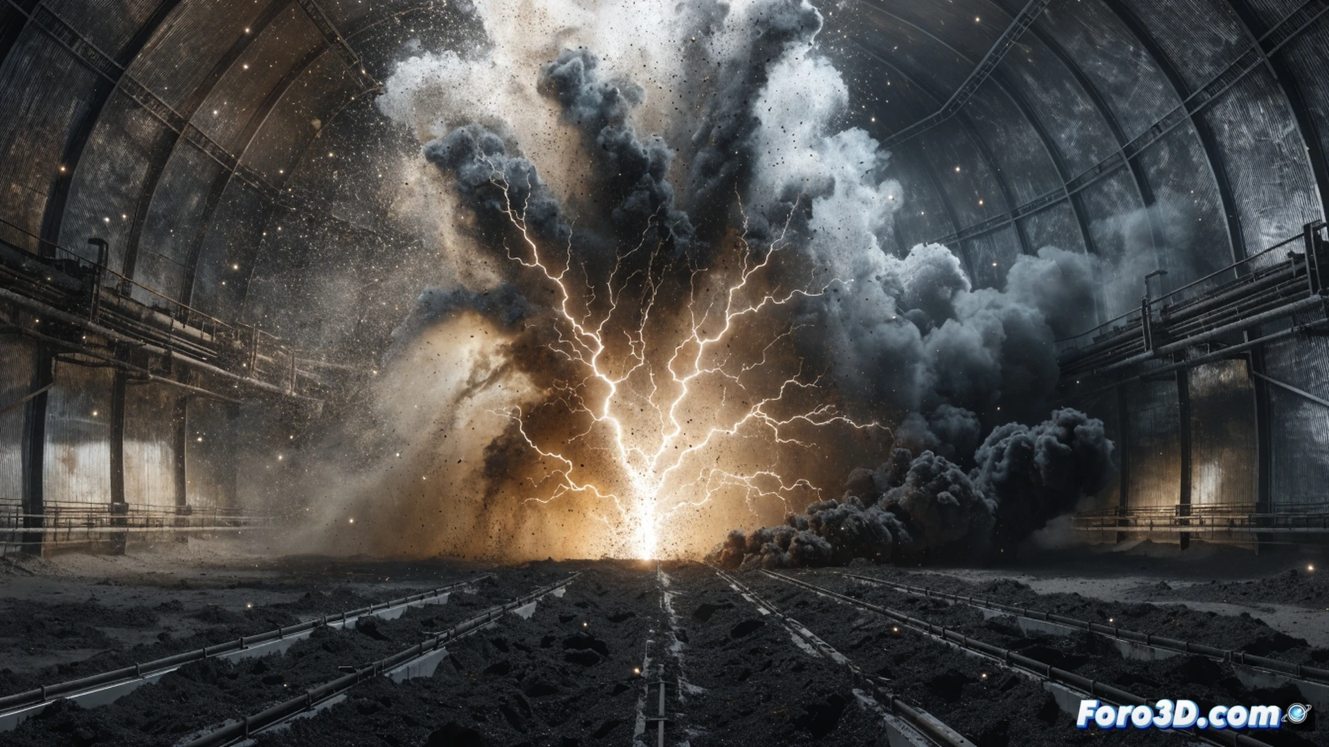 Explosion de silo de carbon pulverizado, chispa estatica azul brillante saltando entre tuberia metalica y nube de polvo combustible, onda de expansion rompiendo la estructura del silo de acero, fragmentos metalicos volando, nubes de polvo negro elevandose, malla de escaneo 3D superpuesta en la escena del siniestro, lineas de simulacion de presion FLACS en naranja y rojo envolviendo la geometria deformada, visualizacion tecnica cinematografica, iluminacion industrial dramatica, texturas de polvo y metal oxidado, render fotorrealista de ingenieria forense