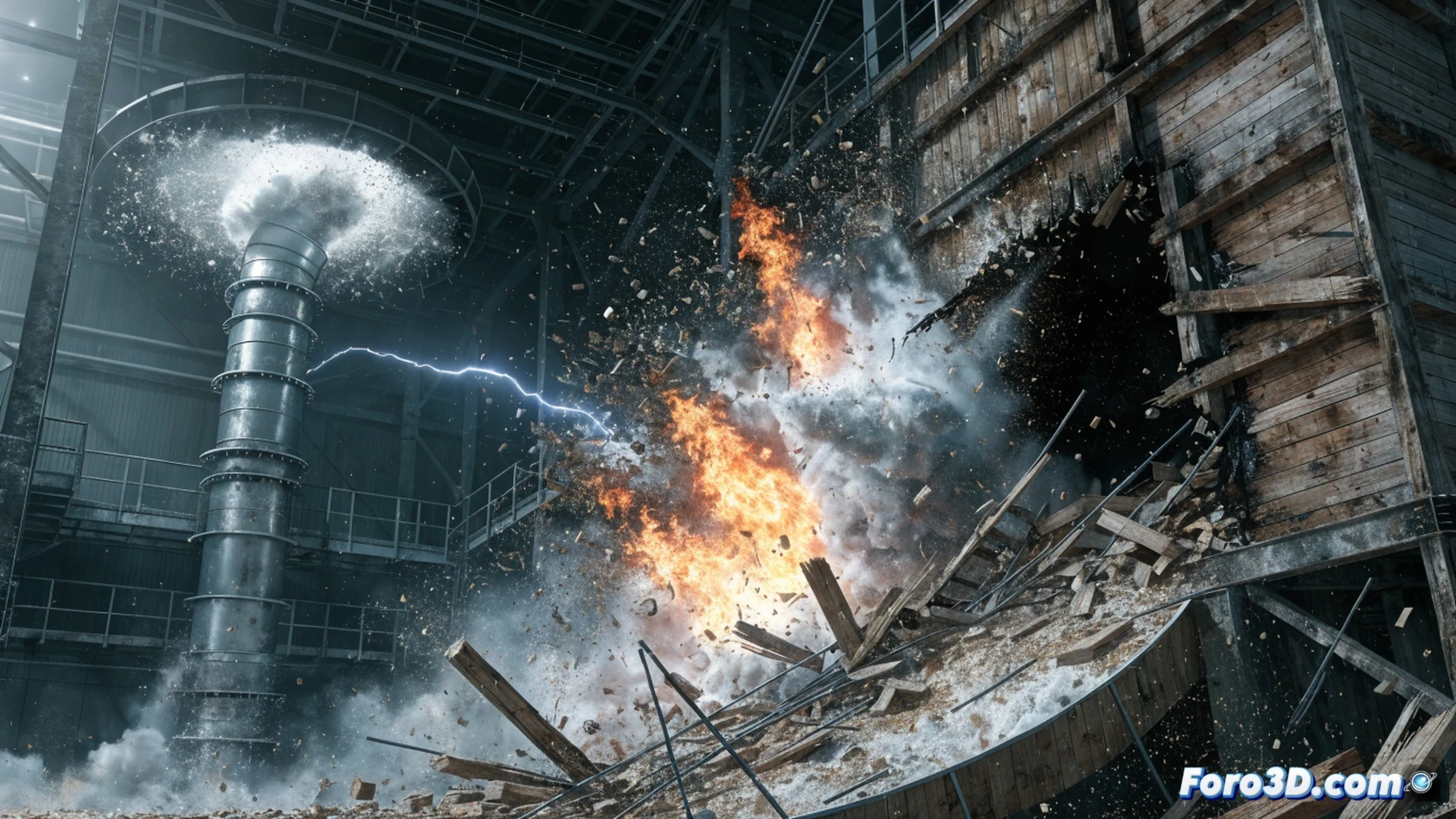 industrial wood silo explosion aftermath scene, cyclone aspiration duct with electrostatic spark ignition point glowing orange, fine wood dust particles suspended mid-air in turbulent cloud, FLACS simulation overlay showing pressure wave propagation in semi-transparent red and yellow contours, FARO Scene 3D point cloud data visible as ghostly blue wireframe structure around damaged metal ductwork, twisted steel supports, scattered timber debris on concrete floor, cinematic engineering visualization, dramatic high-contrast lighting with emergency strobe effects, photorealistic technical render, ultra-detailed industrial textures, motion freeze frame capturing peak deflagration moment