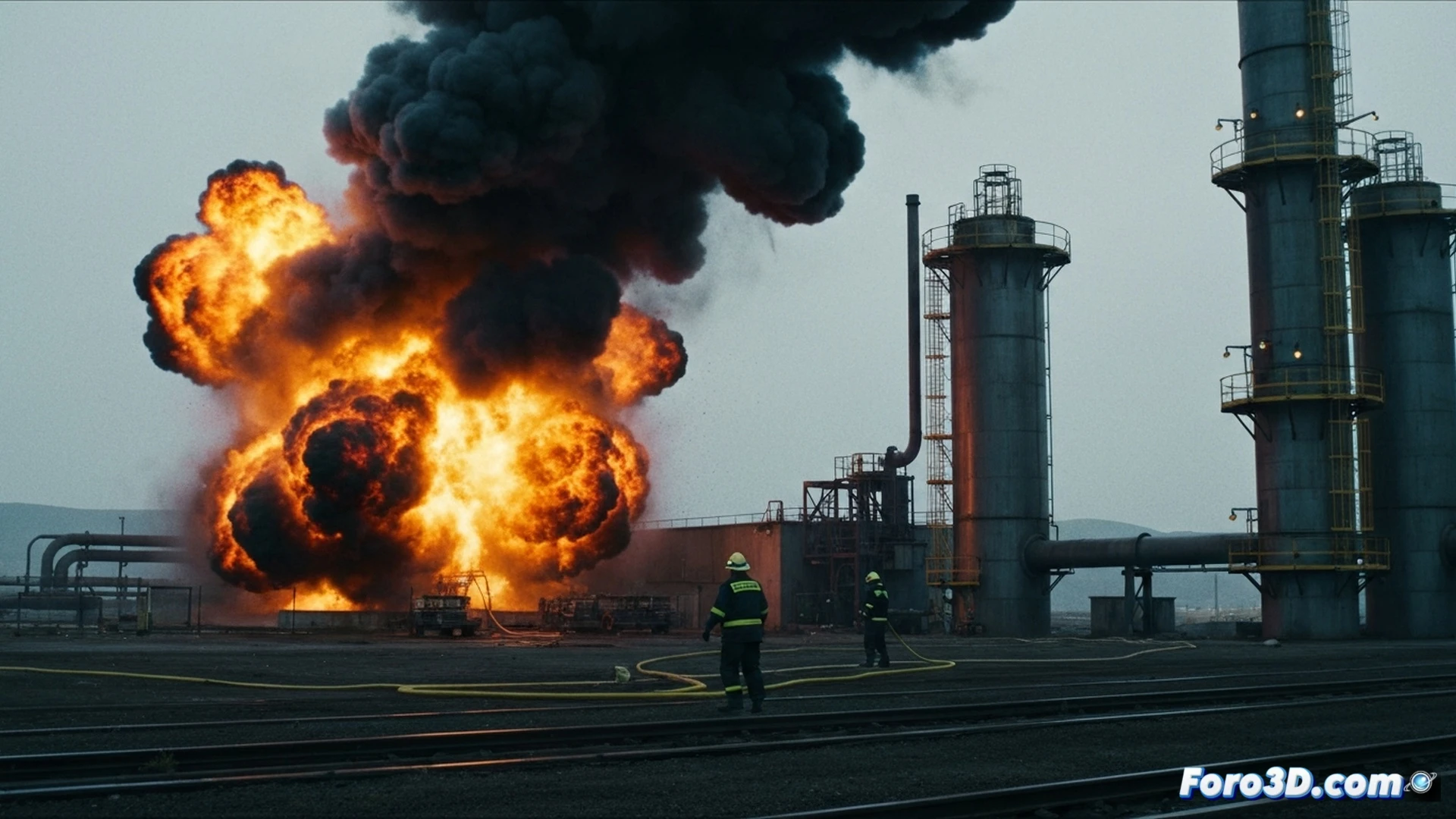 industrial vanadium processing plant explosion scene, metal storage tanks rupturing and releasing glowing orange vanadium pentoxide dust cloud, emergency response team in hazmat suits spraying suppressant foam during containment operation, shattered reactor vessel with exposed metallic vanadium alloy components, twisted steel pipes and fragmented control panels, toxic smoke billowing upward against dark sky, debris scattered across concrete floor, technical engineering visualization with photorealistic detail, dramatic emergency lighting from fire trucks and portable floodlights, high-contrast shadows, cinematic wide-angle perspective, ultra-sharp industrial textures