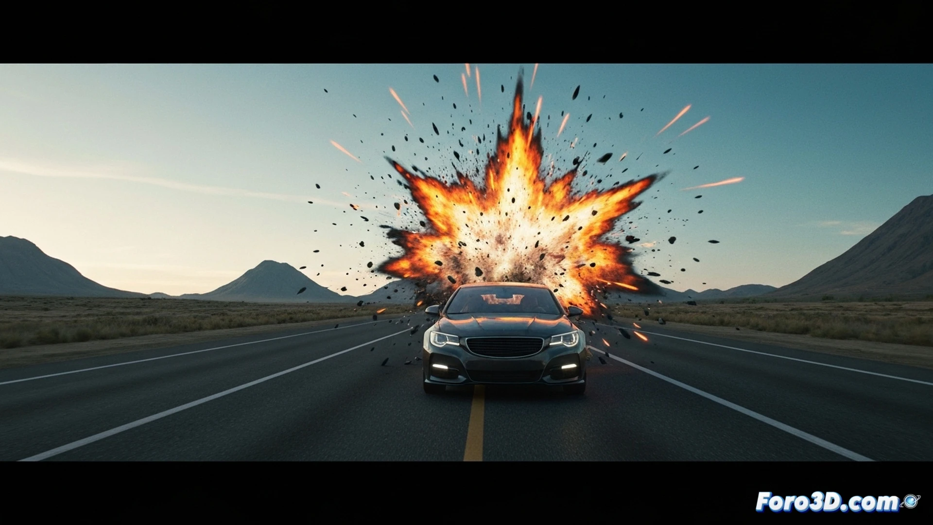 explosion de volante de automovil desintegrándose en fragmentos metálicos durante conducción, fragmentos expulsados radialmente hacia el conductor y parabrisas, volante roto con aro de aleación fracturado y airbag parcialmente desplegado deformado, interior del coche con salpicadero y cuadro de mandos digital mostrando alertas de fallo, polvo y humo elevándose del conjunto de la columna de dirección, estilo cinematic photorealistic engineering visualization, iluminación dramática con destellos naranjas, texturas de plástico y metal detalladas, alta definición técnica, movimiento congelado en alta velocidad
