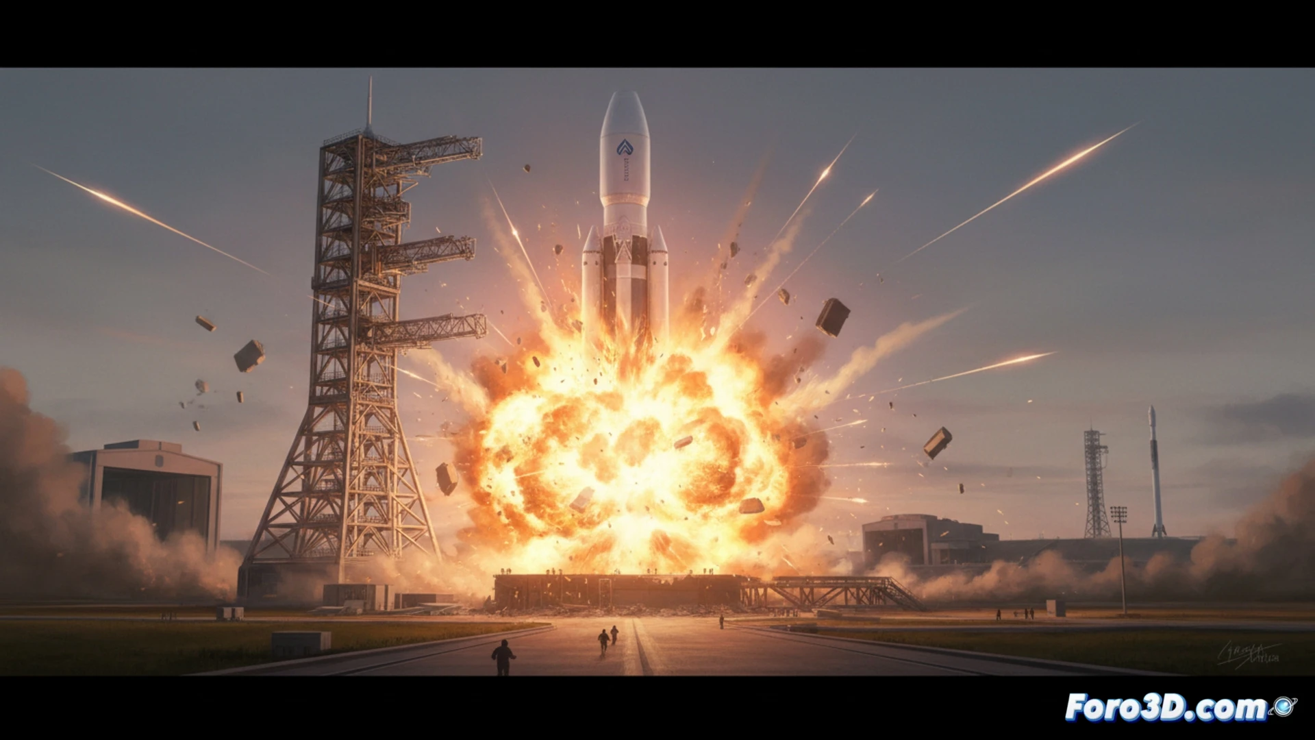 Massive New Glenn rocket explosion during fueling test, Launch Complex 36 at Cape Canaveral, fireball consuming the first stage, debris field spreading across the pad, crumpled landing legs, twisted engine nozzles, damaged launch mount, molten metal spraying from ruptured propellant tanks, heavy smoke and flames, emergency vehicles approaching, stark floodlight illumination against night sky, broken crane arm collapsed, scattered technical equipment, destroyed hydraulic lines, cinematic photorealistic engineering visualization, dramatic destruction, ultra-detailed mechanical failure, intense fire glow, smoke billowing, chaotic industrial scene