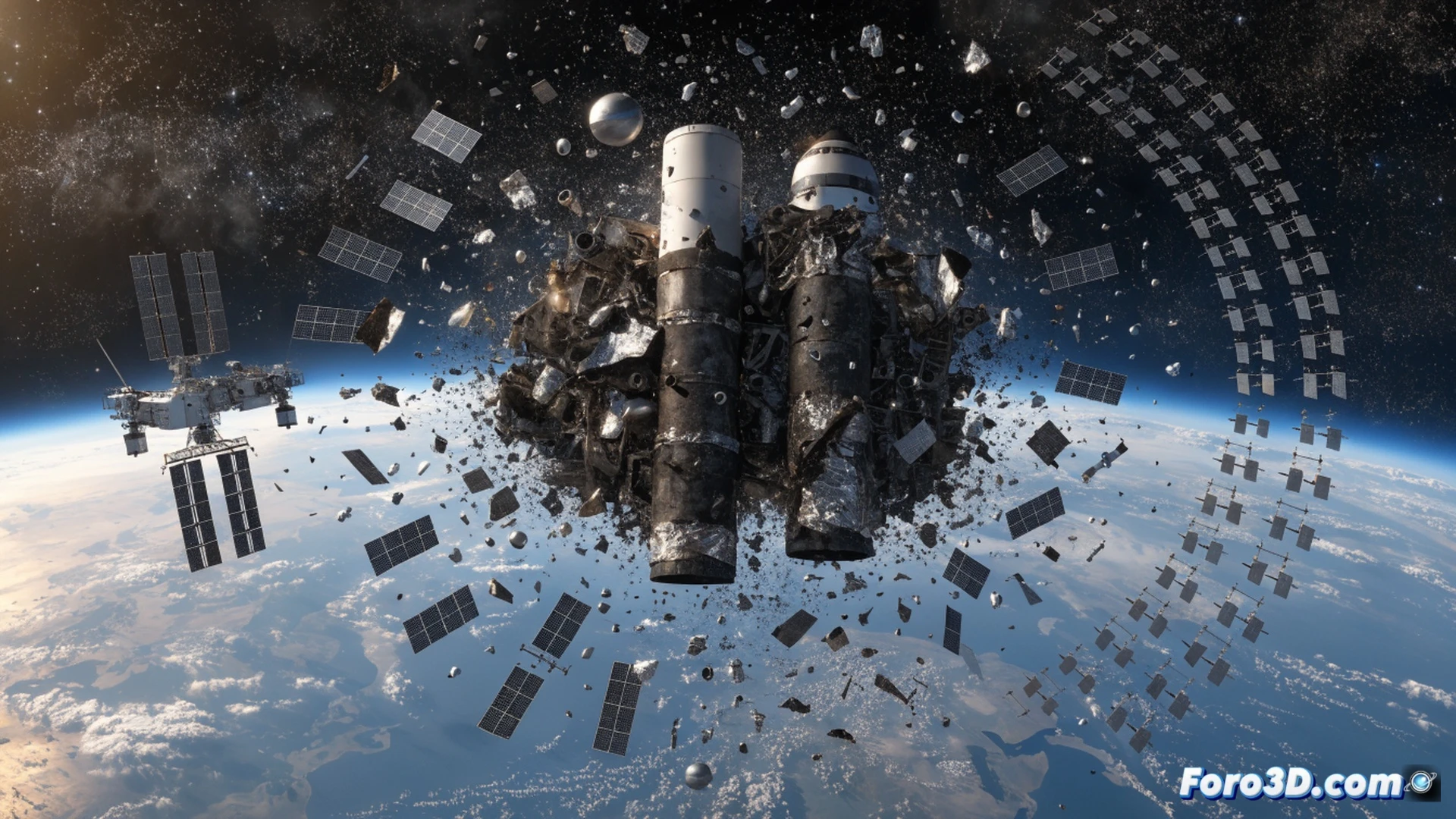 Satellite debris cloud expanding in low Earth orbit, Zhuque-2E rocket body fragmenting into hundreds of glowing shards, collision trajectory lines intersecting near ISS solar panels and Starlink satellite array, fragments impacting a communication satellite antenna, cinematic engineering visualization, dark space background with Earth curvature below, high-speed motion blur on metallic debris, glowing orange fracture points, realistic orbital mechanics simulation, ultra-detailed spacecraft components, photorealistic technical render
