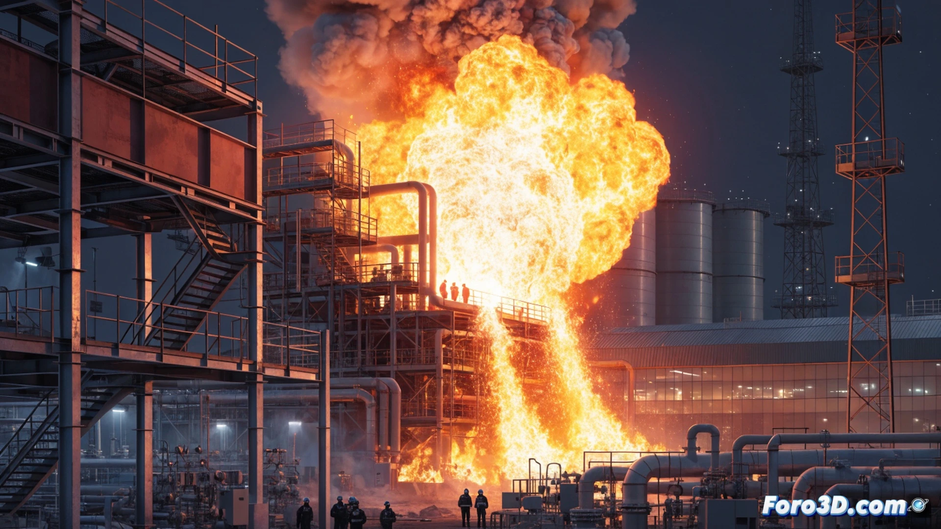 explosion aftermath at Ras Laffan gas plant, twisted metal pipes and ruptured valves in a local supply unit, emergency workers in protective gear inspecting damaged infrastructure, dust and smoke rising from the wreckage, undamaged gas pipelines continuing operation in the background, technical engineering visualization, cold industrial lighting, realistic material textures, photorealistic scene with dramatic shadows, safety barriers and warning signs visible, wide-angle view showing controlled damage zone