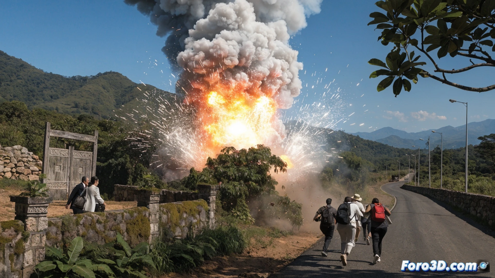 Photorealistic cinematic scene of a female president being urgently escorted by security personnel away from a small outdoor stage in a forested mining area, a sudden burst of orange smoke and debris from a firework explosion near wooden market stalls, police officers in tactical gear shielding civilians, scattered mining tools and surveillance cameras visible, dramatic tension, smoke haze, handheld camera style, high-contrast lighting, ultra-detailed textures of vegetation and concrete barriers, engineering visualization of emergency evacuation protocol in hazardous terrain