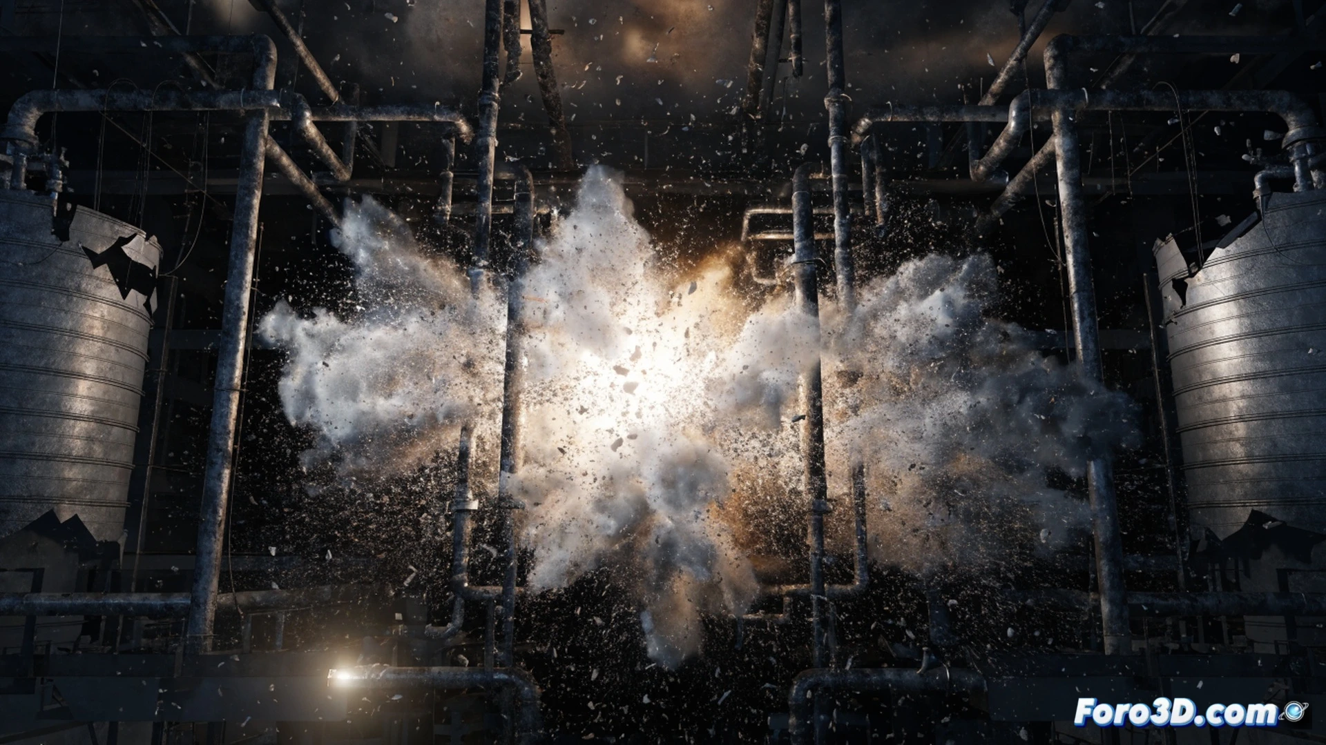 Explosion electrostática en silo de resina plástica durante transferencia neumática, tubería metálica desconectada del sistema de puesta a tierra generando chispa, nube de polvo inflamándose con onda expansiva deformando la estructura del silo, ingenieros forenses usando escáner 3D FARO Scene en primer plano mientras pantalla muestra simulación FLACS de dispersión de nube explosiva, estilo cinematic engineering visualization, iluminación dramática con destellos naranjas y azules, partículas de resina suspendidas, acero retorcido, photorealistic technical render ultra-detallado