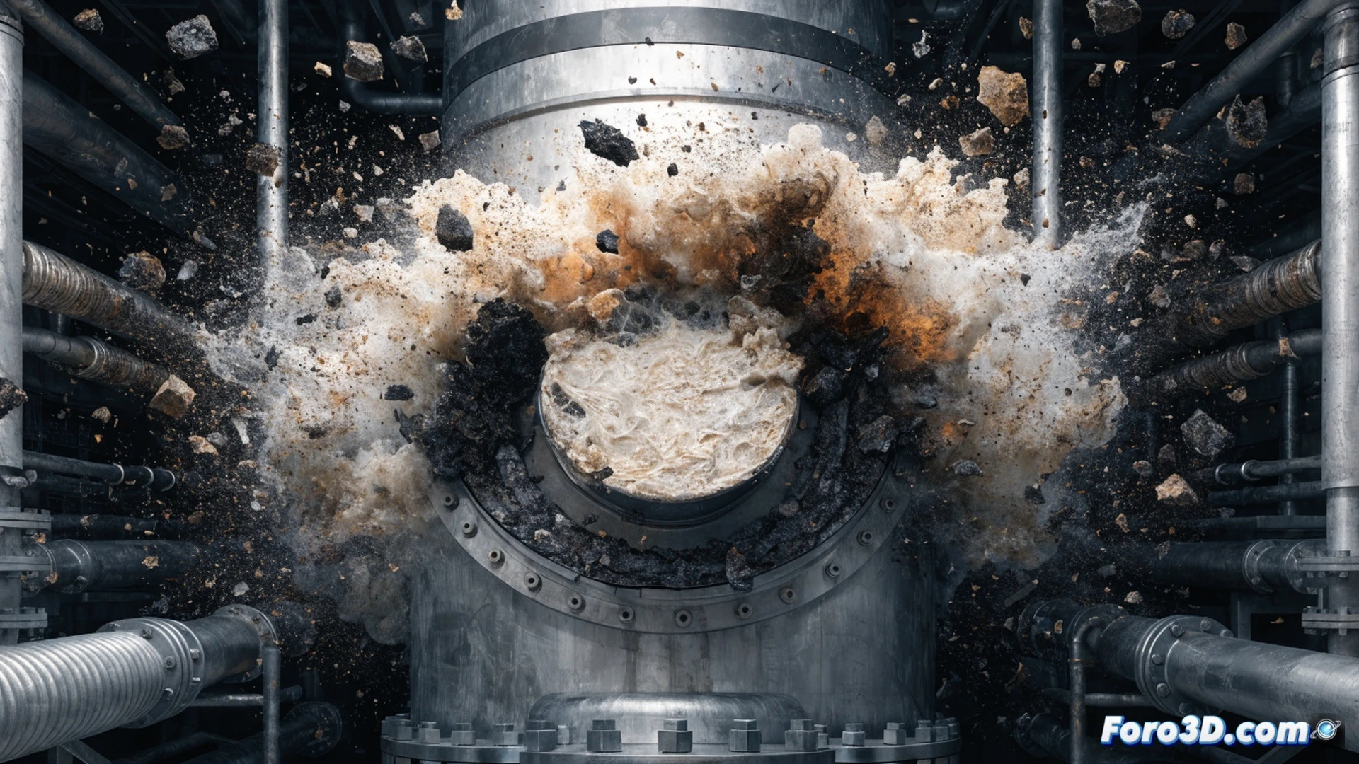 polypropylene reactor explosion aftermath, burst safety disk obstructed by solidified polymer chunks, 3D laser scanning equipment capturing debris field, engineers in protective gear analyzing digital twin on tablet, simulation software interface visible with CFD flow patterns and pressure spike graphs, broken pipe flange with polymer buildup, cinematic engineering visualization, photorealistic industrial lighting, metallic surfaces with scorch marks, scattered polymer fragments on floor, dramatic shadows and warning signs, ultra-detailed mechanical components, technical illustration style