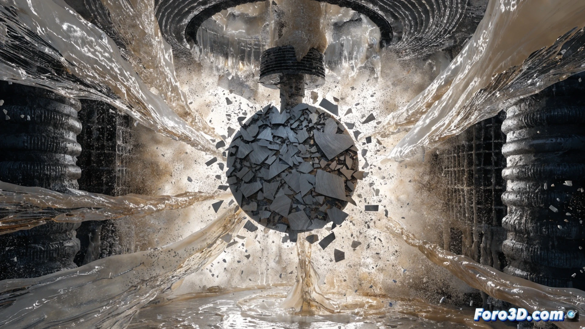 industrial reactor explosion aftermath, burst rupture disk fragment embedded in twisted metal piping, molten polyethylene resin spraying sideways under high pressure, FARO 3D laser scanner positioned on tripod documenting the debris field, glowing COMSOL Multiphysics simulation overlay showing pressure wave contours and fluid dynamics vectors around the failed valve, cracked concrete floor with scorch marks, twisted steel support beams, scattered insulation material, dramatic side lighting from emergency floodlights, photorealistic engineering visualization, cinematic wide-angle perspective, ultra-detailed surface textures, metallic reflections, dust particles suspended in air