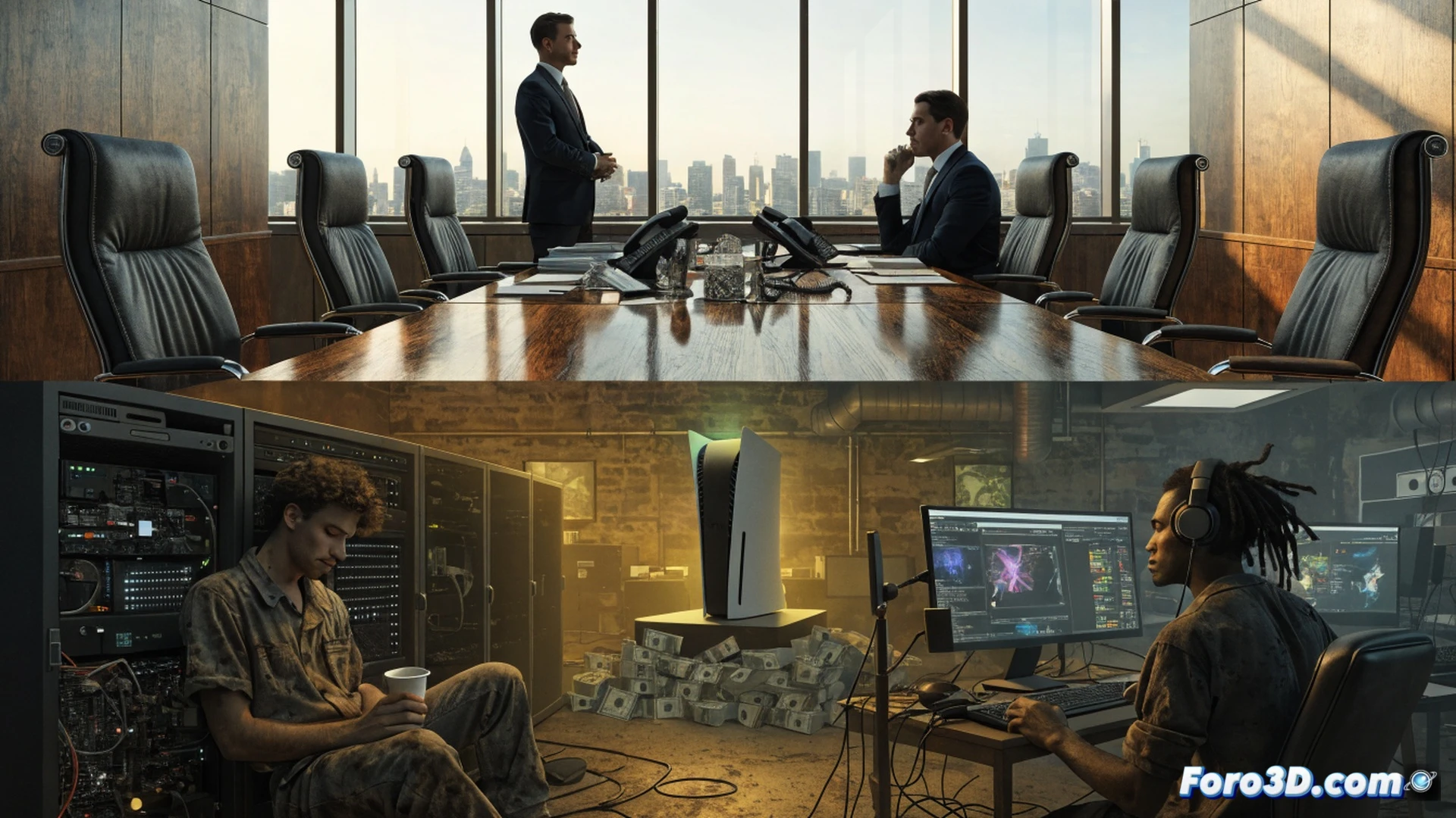 cinematic scene of a video game developer slumped over a desk in a dark office, hands on a Wacom tablet, red-eyed from exhaustion, while a holographic projection of a luxury yacht floats above a Naughty Dog logo, a cracked coffee mug spills cold coffee near a keyboard, security camera red light blinks ominously, photorealistic technical illustration, dramatic chiaroscuro lighting, ultra-detailed textures of worn-out chair fabric, dust particles in dim blue monitor glow, tense atmosphere of exploitation versus opulence