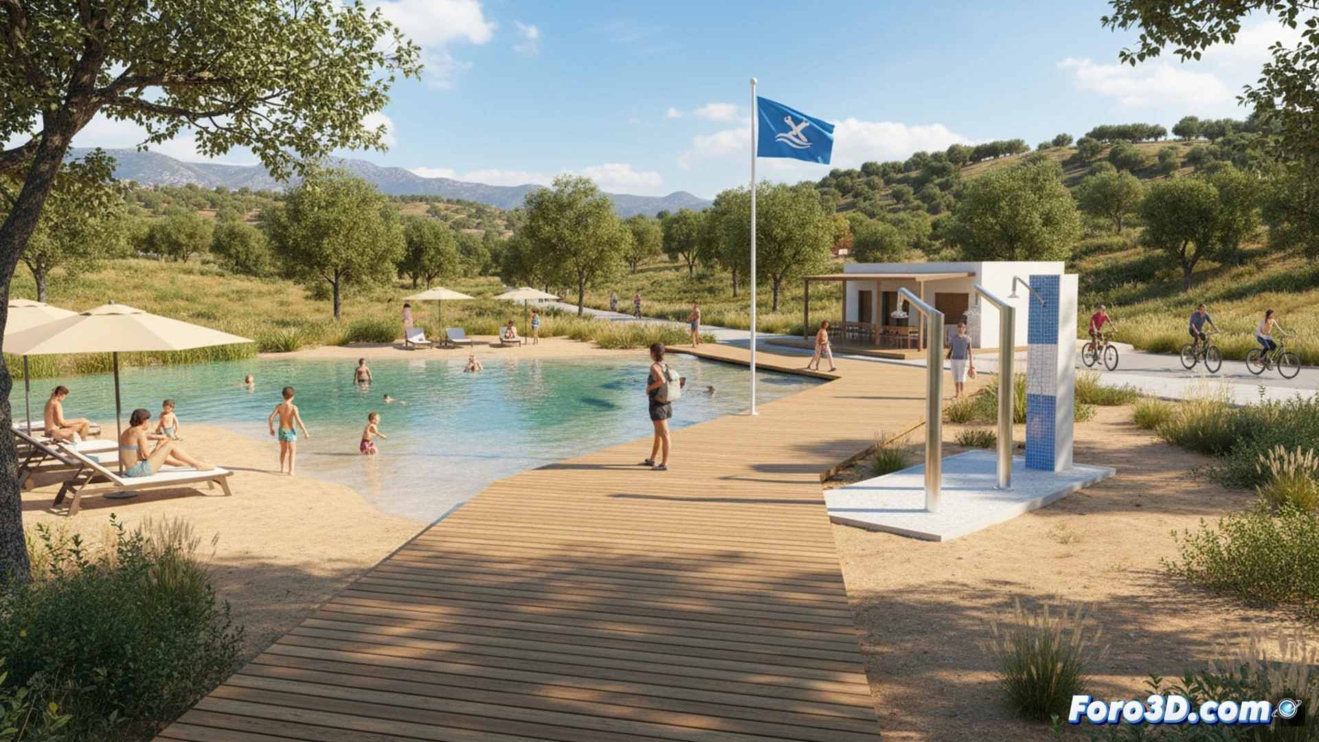 aerial view of a renovated river beach area in Extremadura, workers installing new blue-flagged showers and accessible wooden walkways, modern solar-powered changing rooms under construction, clean water cascading into a natural swimming pool, bright summer sunlight, photorealistic technical illustration, detailed textures of stone paths and metal fixtures, safety railings and lifeguard tower in background, clear blue water reflecting sky, cinematic wide shot, environmental engineering visualization