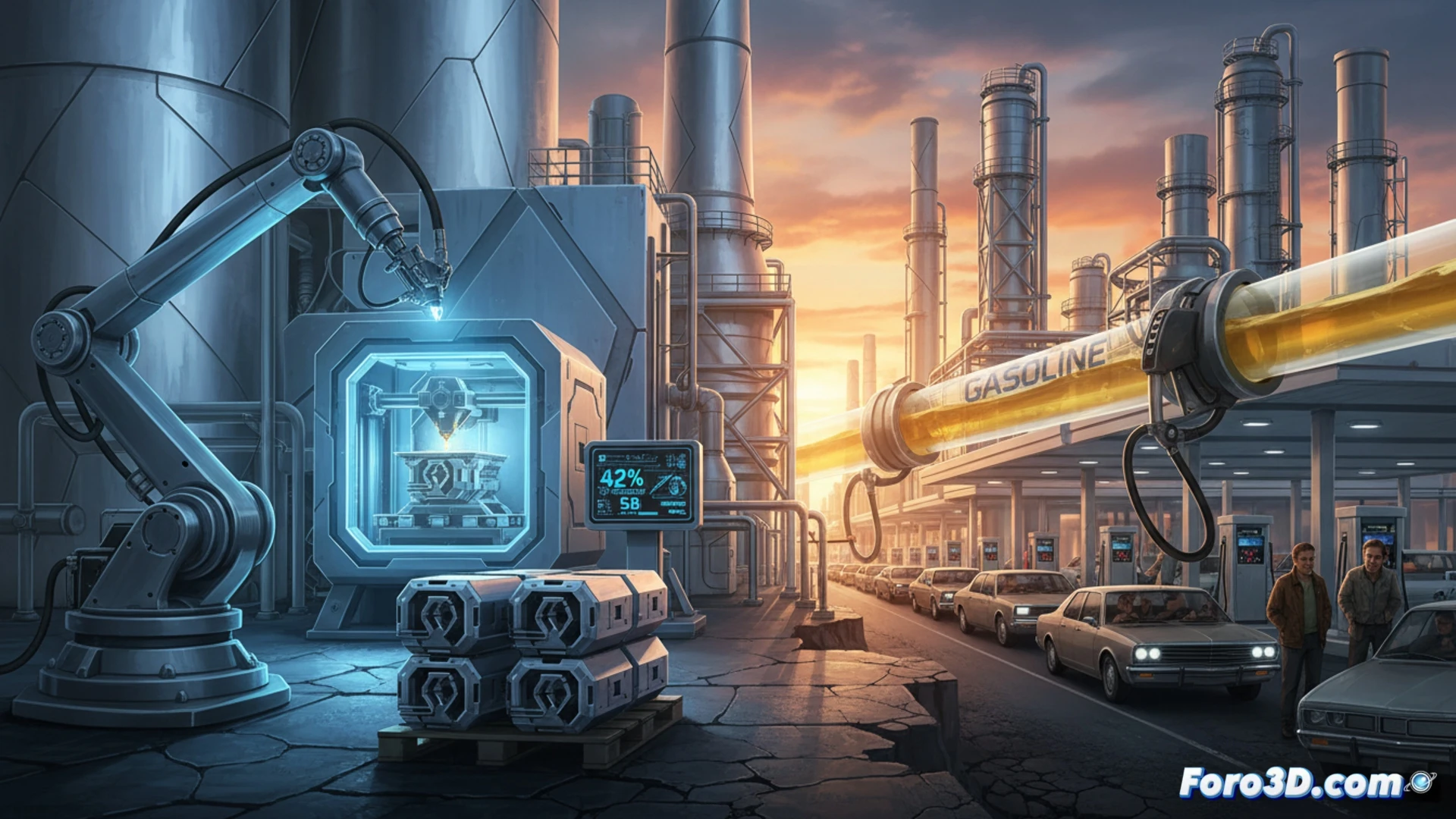 Industrial refinería nocturna con tuberías metálicas y válvulas, brazo robótico de impresión 3D depositando capas de titanio sobre una pieza de motor, chispas azules durante el proceso de sinterización, ingeniero con tableta monitoreando datos en tiempo real, tanques de gasolina al fondo con letrero de precio borroso, contraste entre tecnología avanzada y producto final sin cambios, estilo cinematográfico hiperrealista, iluminación dramática con focos industriales, texturas metálicas rugosas, humo ligero de vapor, profundidad de campo con primer plano detallado del cabezal de impresión, fondo oscuro con luces de refinería titilantes, render técnico de ingeniería