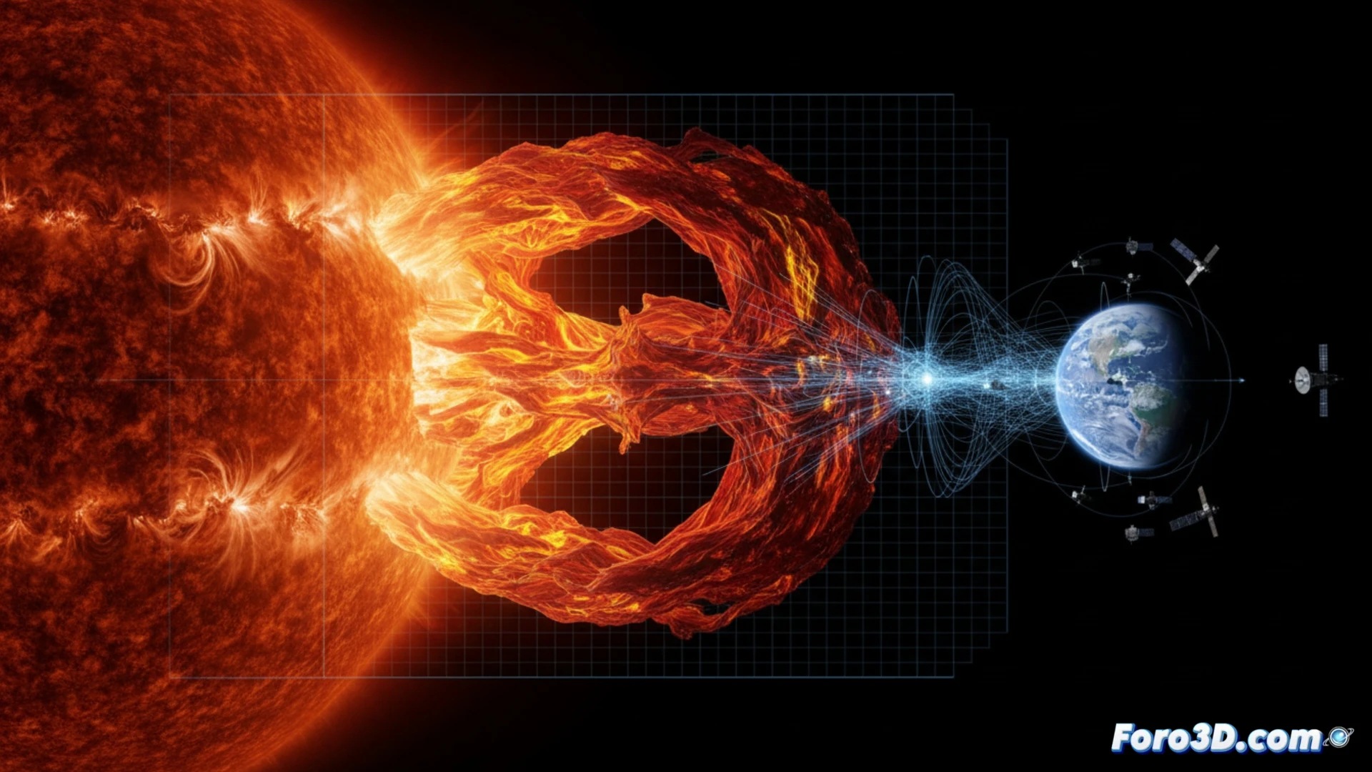 Simulación 3D de eyección de masa coronal solar impactando contra el campo magnético terrestre