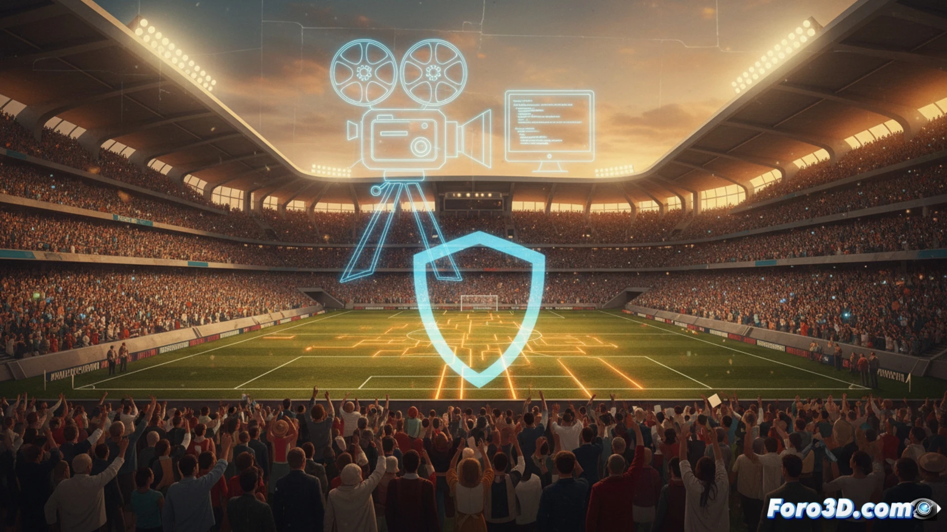 Photorealistic cinematic scene of a 1970s Brazilian football stadium at night, thousands of digital crowd members cheering with dynamic movement, VFX artists blending CGI crowd layers into live-action footage on monitors, glowing wireframe overlays showing crowd simulation software, invisible effects workstation with tracking markers and green screen remnants, 1970s retro jerseys and floodlights, seamless integration of virtual and real elements, technical lighting, ultra-detailed period architecture, photorealistic engineering visualization