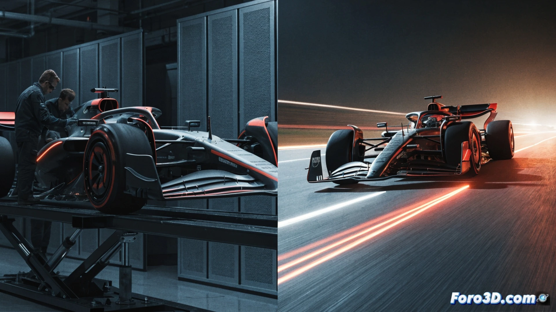 F1 pit lane scene during a four-day winter test, mechanics adjusting a hybrid engine control unit while a driver reviews telemetry on a tablet, track visible through garage opening, engineering visualization style, carbon fibre monocoque with exposed wiring and cooling ducts, red diagnostic cables connected to the power unit, glowing data streams on a laptop screen, motion blur of a car passing outside, bright LED workshop lights, metallic engine parts with heat haze, photorealistic technical render