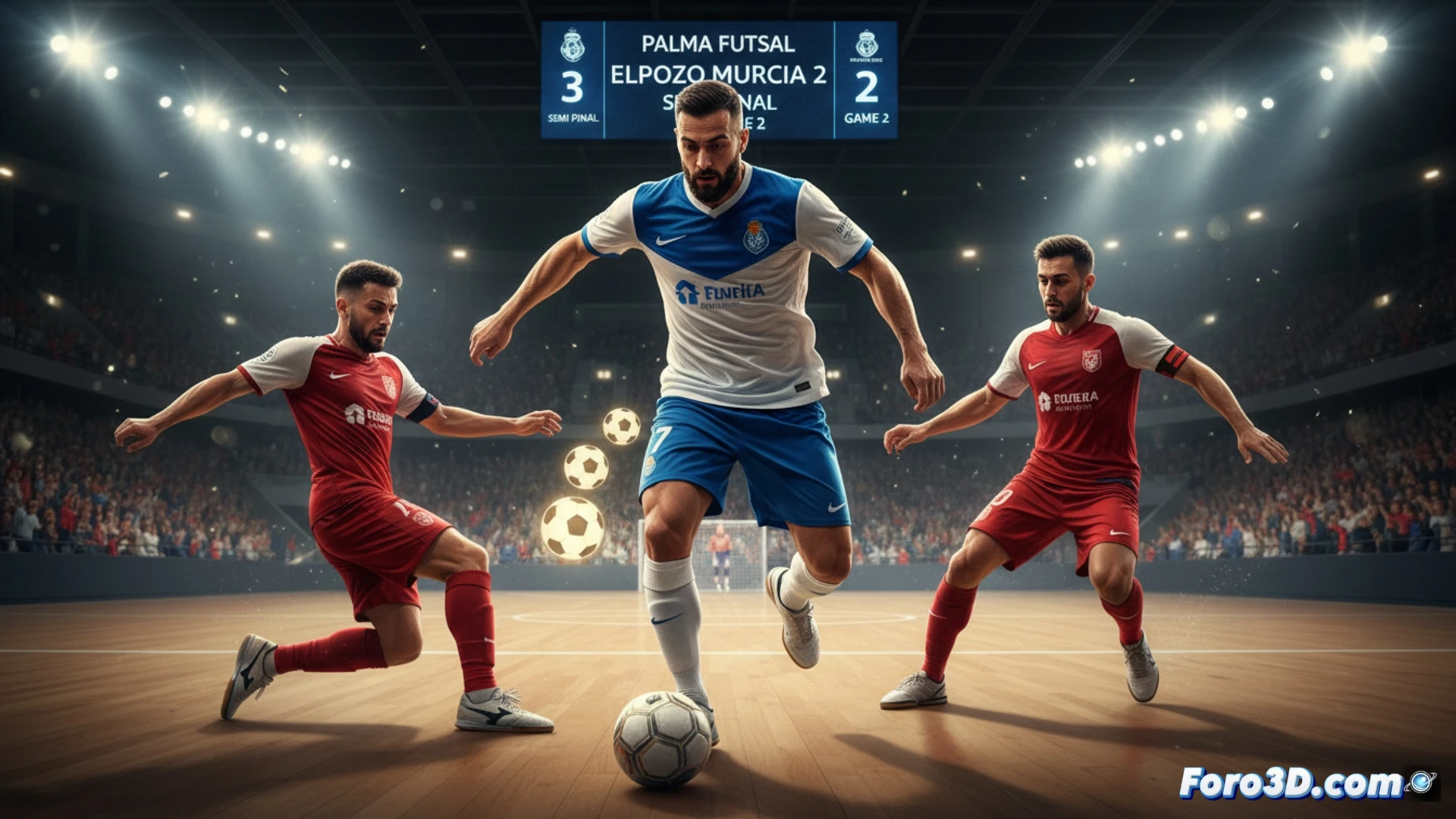 Palma Futsal player Fabinho striking the ball with intense force, ball mid-air curving past a diving ElPozo Murcia goalkeeper, three glowing goal markers behind the net representing his hat-trick, indoor court with bright floodlights casting dramatic shadows, teammates celebrating with raised arms in background, photorealistic sports action scene, frozen motion showing sweat droplets and ball deformation, high-contrast cinematic lighting, dynamic camera angle from low ground, ultra-detailed court texture and net threads