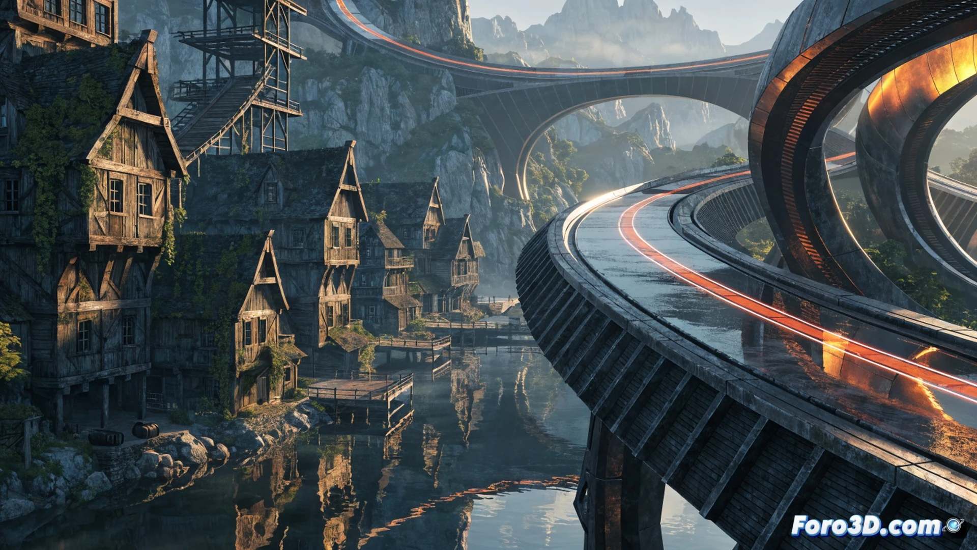 fantasy RPG world being constructed inside racing game engine, Forza Horizon car physics system converting into magical spell effects, glowing blue code lines wrapping around a medieval castle while tire tracks fade into cobblestone roads, engineers debugging floating trees with racing telemetry tools, a hero character glitching into a sports car animation pose, cinematic technical illustration style, ultra-detailed Unreal Engine interface panels in background, dramatic lighting with orange sunset and neon blue data streams, photorealistic engineering visualization, motion blur on falling debris, highlighted collision boxes around a flying griffin