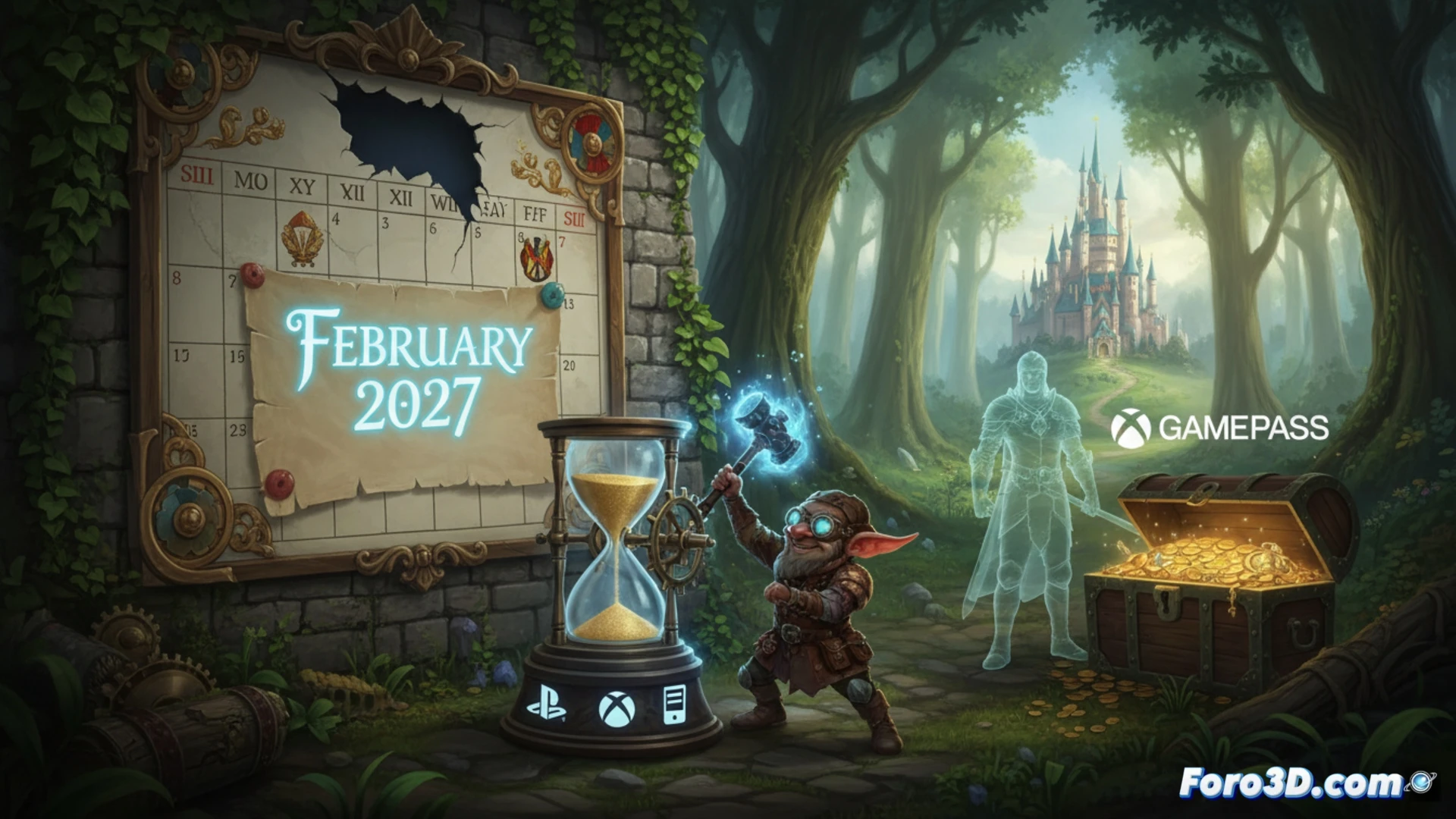 Fable fantasy village being consumed by a digital clockwork mechanism, medieval stone houses slowly transforming into metallic gears and circuit boards, a glowing February 2027 date hovering as a holographic projection over the ruins, Playground Games studio logo partially embedded in the landscape, cinematic technical illustration, photorealistic engine visualization, dramatic sunset lighting, steam rising from broken machinery, ultra-detailed textures of moss and copper wires intertwining, high-contrast shadows, 8K architectural render, action of time erasing the old world while new tech emerges
