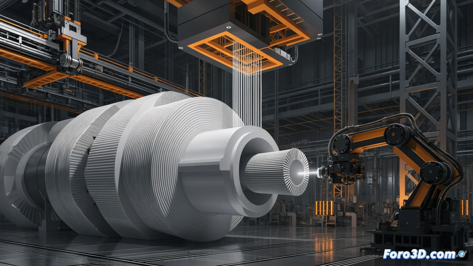 Large-scale robotic arm extruding molten polymer onto a rotating build platform, layer-by-layer deposition of a heavy machinery gear component, glowing orange nozzle tip during continuous printing, industrial factory floor with safety barriers and ventilation ducts, robotic gripper holding a finished part nearby, engineering visualization style, bright workshop lighting, metallic frame structure of the printer visible, dust particles illuminated in air, photorealistic technical render, sharp focus on extrusion process