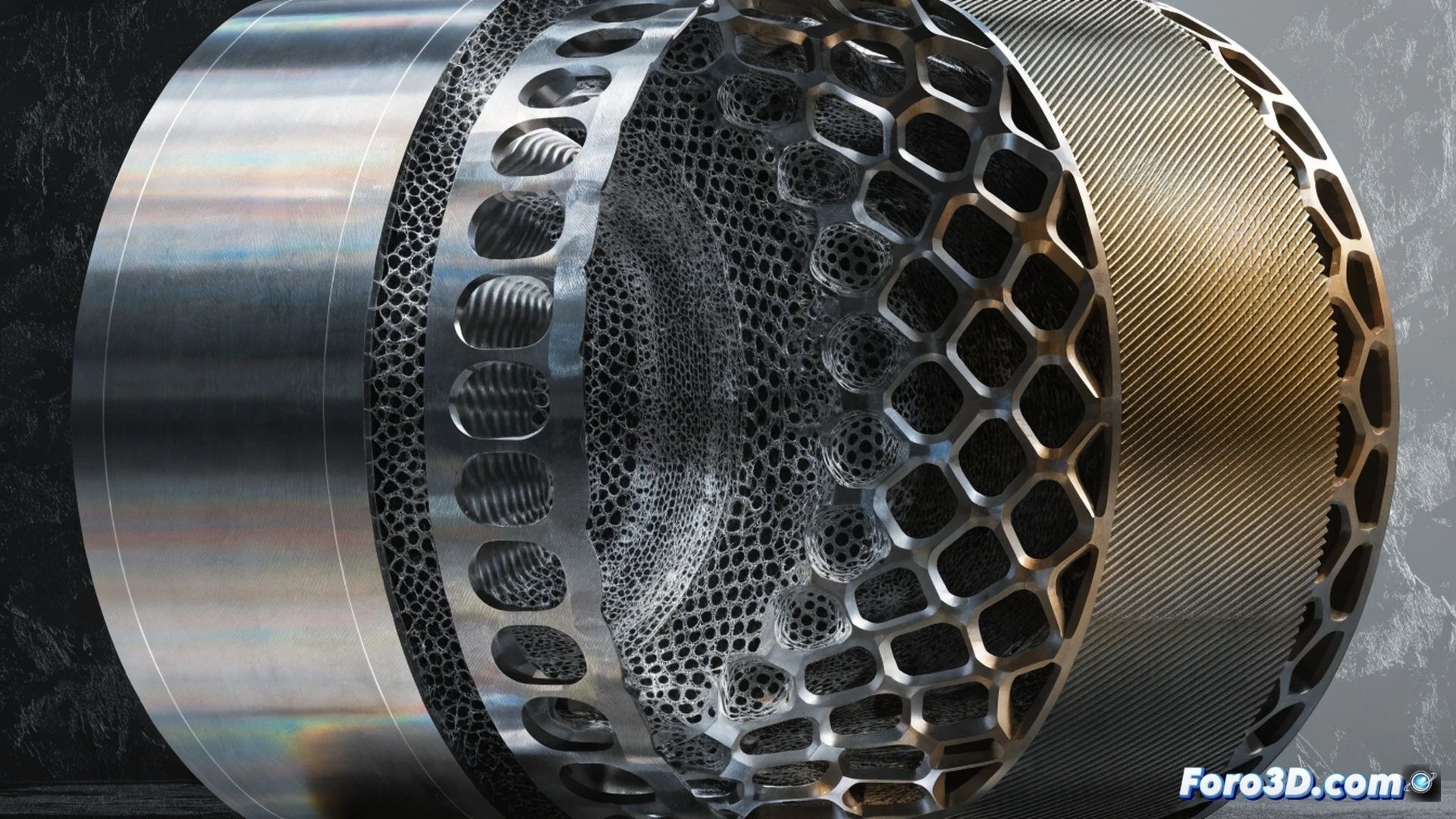 large industrial robotic arm depositing molten metal onto a rotating cylindrical workpiece inside an additive manufacturing chamber, multiple alloy streams merging at the deposition point creating a gradient transition zone, cross-section view revealing layered internal microstructure with distinct material zones, glowing orange melt pool with fine metallic particles, engineering visualization style, ultra-detailed mechanical components, dramatic workshop lighting with blue ambient accents, photorealistic technical render showing the simultaneous multi-alloy printing process