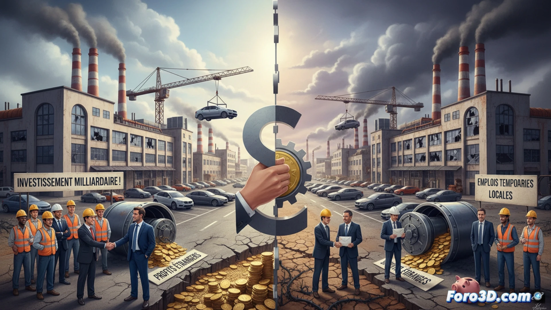 Two industrial scenes split vertically, left side showing a luxury car factory with temporary workers assembling vehicles on a fast-moving conveyor belt, right side showing a particle accelerator tunnel with control panels and blinking servers, both connected by glowing financial data streams flowing outward from a central European government building, workers in disposable coveralls visible in both scenes, corporate logos fading into offshore bank symbols, cinematic photorealistic industrial visualization, cold blue and harsh orange lighting contrasting, metallic structures and cable conduits, dust particles in workshop air, high-contrast shadows, technical engineering illustration style