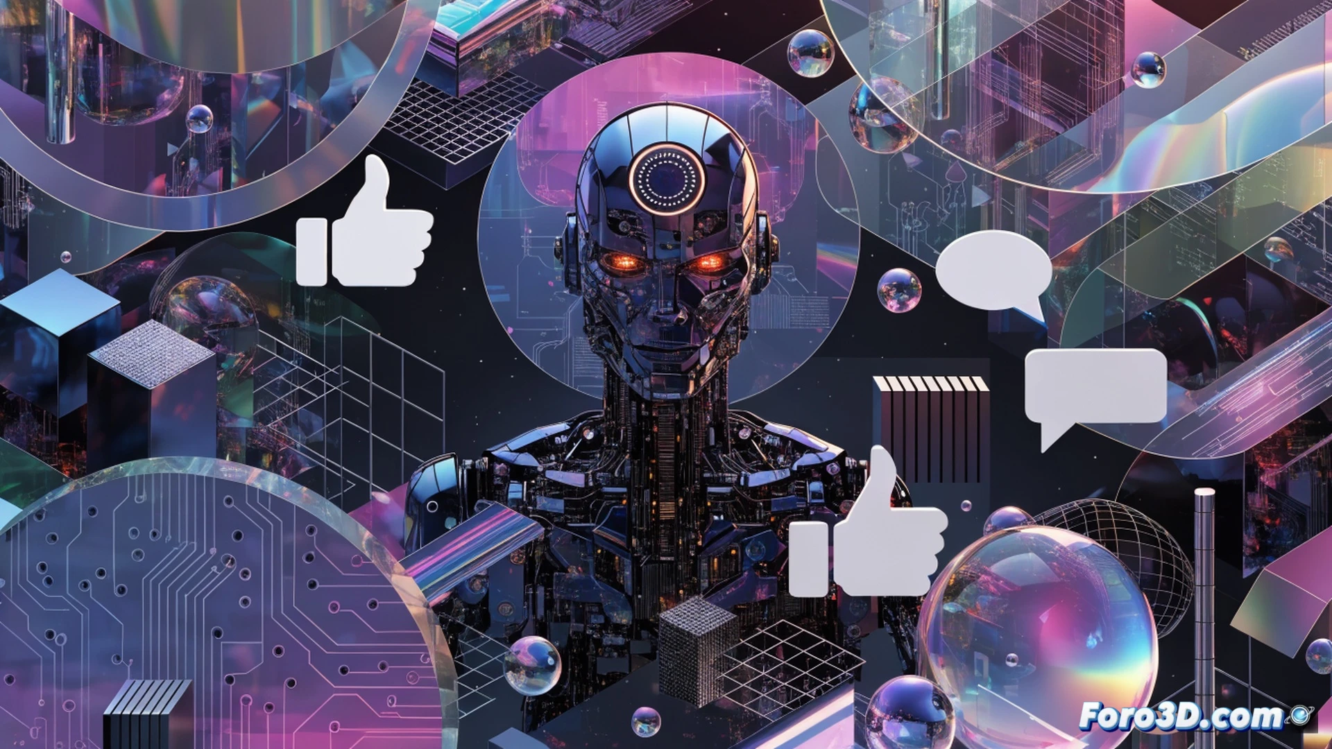 photorealistic digital interface scene, smartphone screen showing Facebook search bar with AI Mode toggle activated, public posts transforming into glowing AI-generated answer bubbles, social media icons merging into a mechanical brain structure, data streams flowing from open posts into a central AI processor, warning icons flickering in the background representing misinformation risk, dramatic blue and orange lighting, high-tech digital particles floating, ultra-detailed UI elements, cinematic product visualization with depth of field