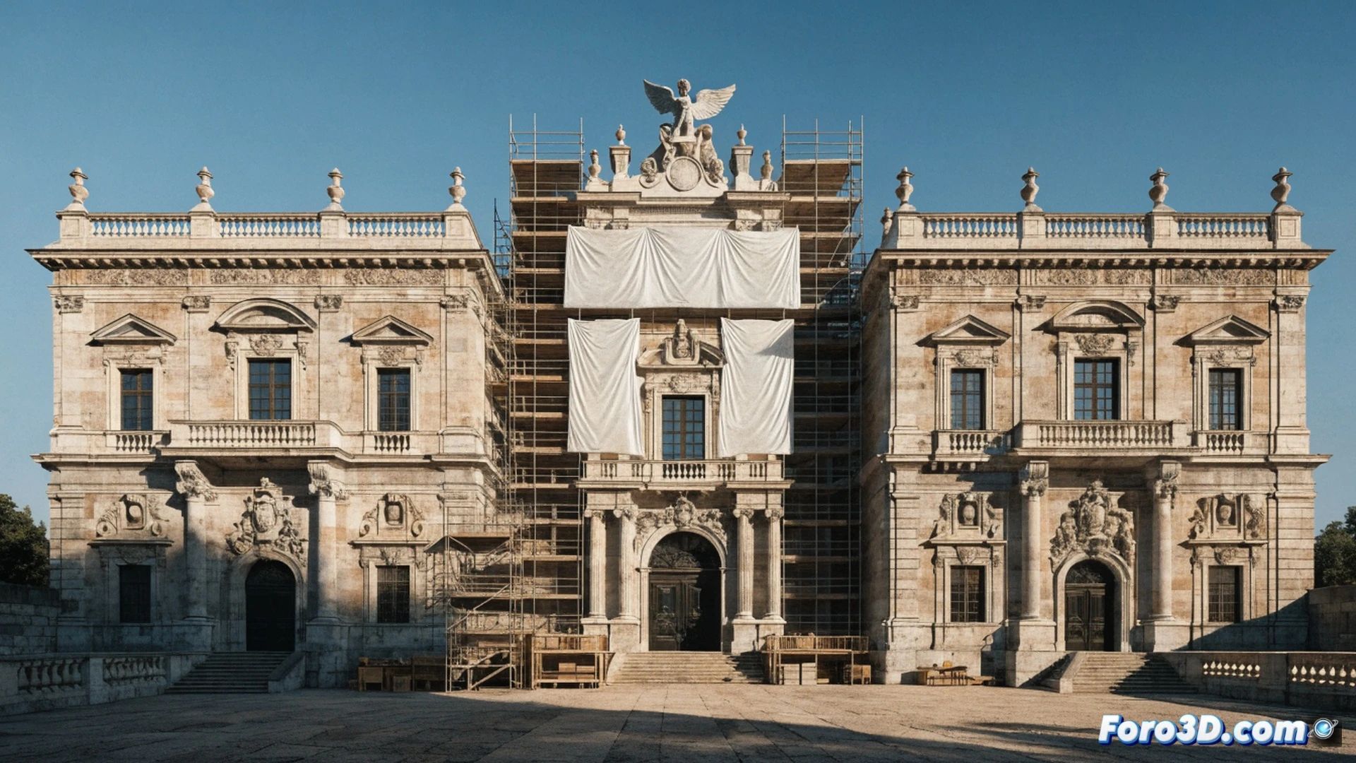 Restoration scaffolding covering the historic Casón del Buen Retiro facade, workers in safety harnesses removing damaged stone blocks while architectural surveyors document cracks with laser scanners, 2.4 million euro project in progress, 14-month timeline, photorealistic technical illustration, cinematic lighting with Madrid afternoon sun casting long shadows, weathered 17th-century baroque stonework contrasted with modern aluminum scaffolding, dust particles illuminated in sunbeams, detailed masonry tools and safety equipment visible, ultra-realistic architectural visualization