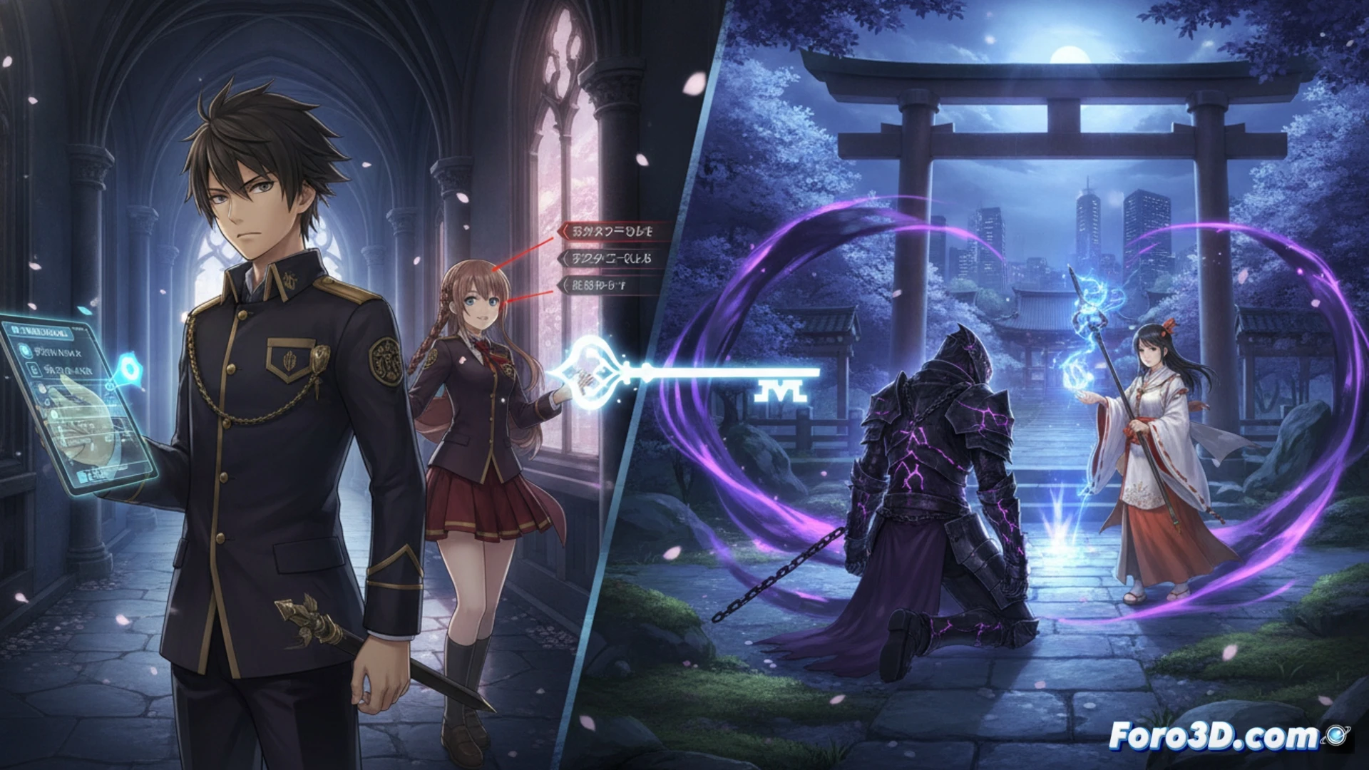 student in traditional Japanese academy uniform accepting a quest scroll from a holographic terminal, glowing mission markers floating above a wooden desk, cursed samurai armor pieces with dark purple cracks being purified at a Kyoto shop counter, holy water droplets vaporizing on contact with the armor, two characters in animated conversation with glowing bond meter rising between them, cinematic RPG action scene, dynamic lighting from terminal screen and purification glow, cherry blossom petals drifting through the air, photorealistic technical illustration style, intricate armor textures, particle effects showing bond strengthening, soft ambient light from paper lanterns