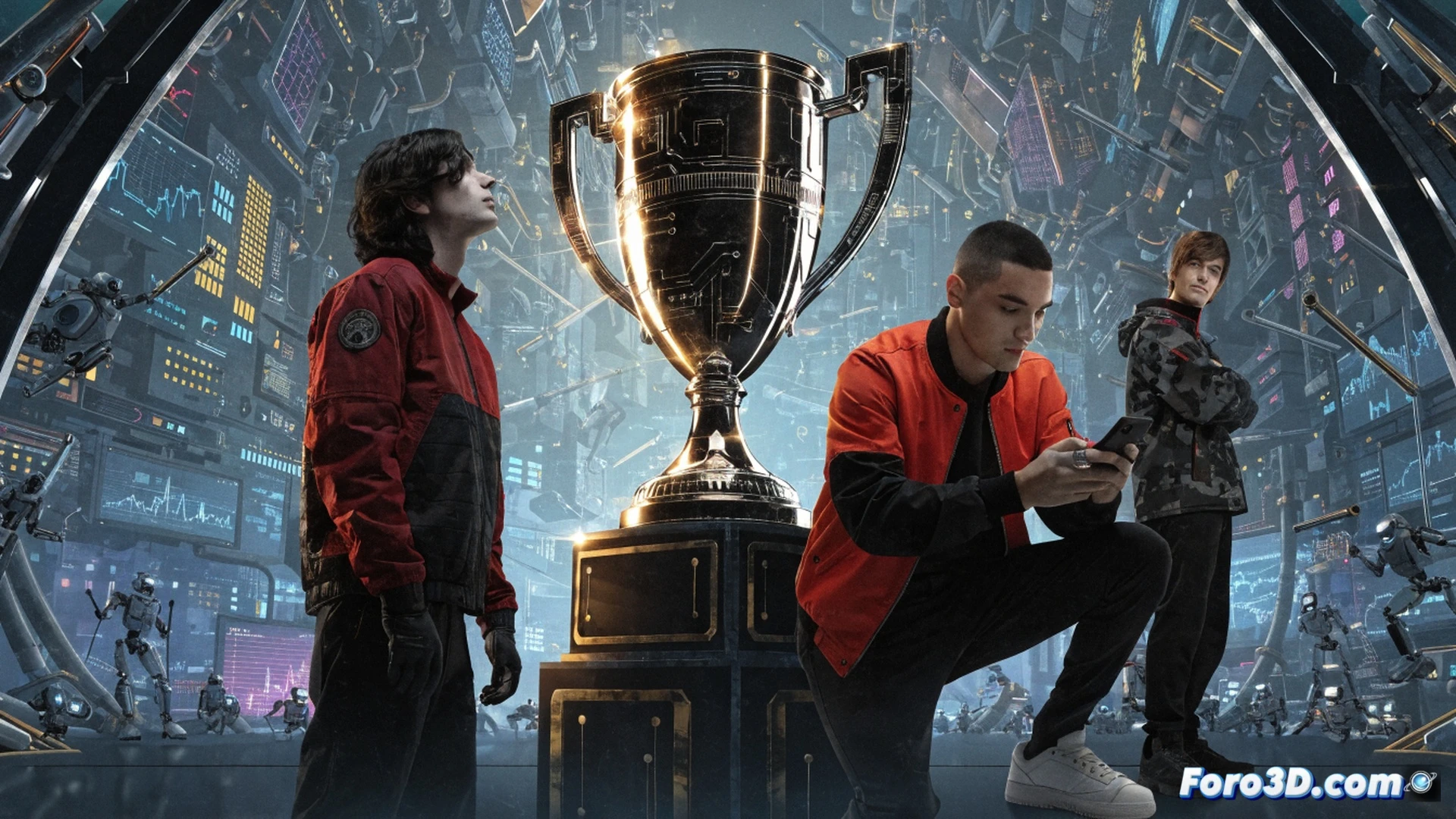 esports arena crowd erupting as NiKo lifts the IEM Cologne trophy, sh1ro and electroNic celebrating beside him, confetti falling on stage, three FURIA players visible at their computers with headsets lowered, massive stadium screen showing Falcons logo and 3-0 scoreboard, stage lights sweeping across the scene, dramatic victory moment, cinematic photorealistic render, deep shadows and bright highlights, sweat on players faces, ultra-detailed crowd textures, emotional sports photography style