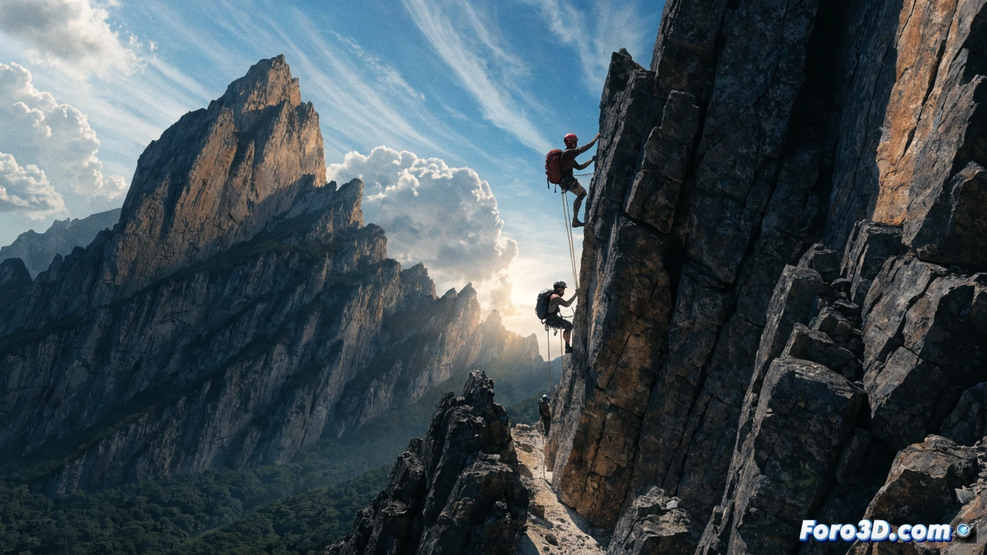 Two climbers on a vertical Thai limestone cliff face, one reaching upward for a sharp hold while the other braces below against a rocky ledge, ropes taut and carabiners catching sunlight, loose chalk dust falling through humid air, dense jungle canopy visible far beneath, dramatic overhang casting deep shadows, cinematic survival thriller style, photorealistic render, extreme high-angle shot, sweat droplets on skin, frayed climbing rope fibers, metallic gear details, intense natural lighting through tropical haze, motion blur on grasping hand, ultra-detailed rock textures, perilous exposure emphasizing deadly height