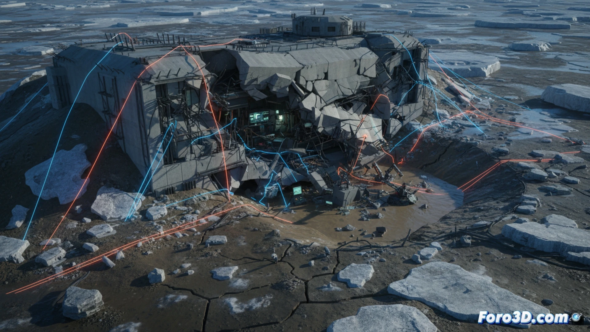 Simulación 3D de búnker ártico colapsando por deshielo del permafrost y fatiga estructural