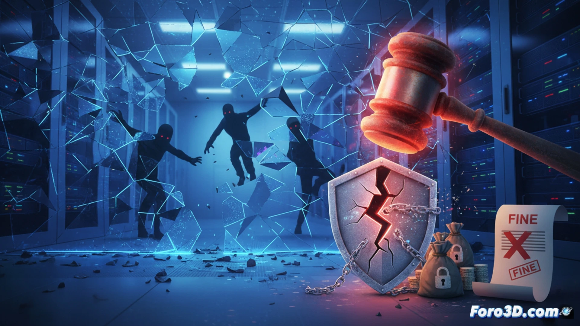 Ilustración de una valla digital rota con datos escapando, símbolo de falla de seguridad en control de acceso.