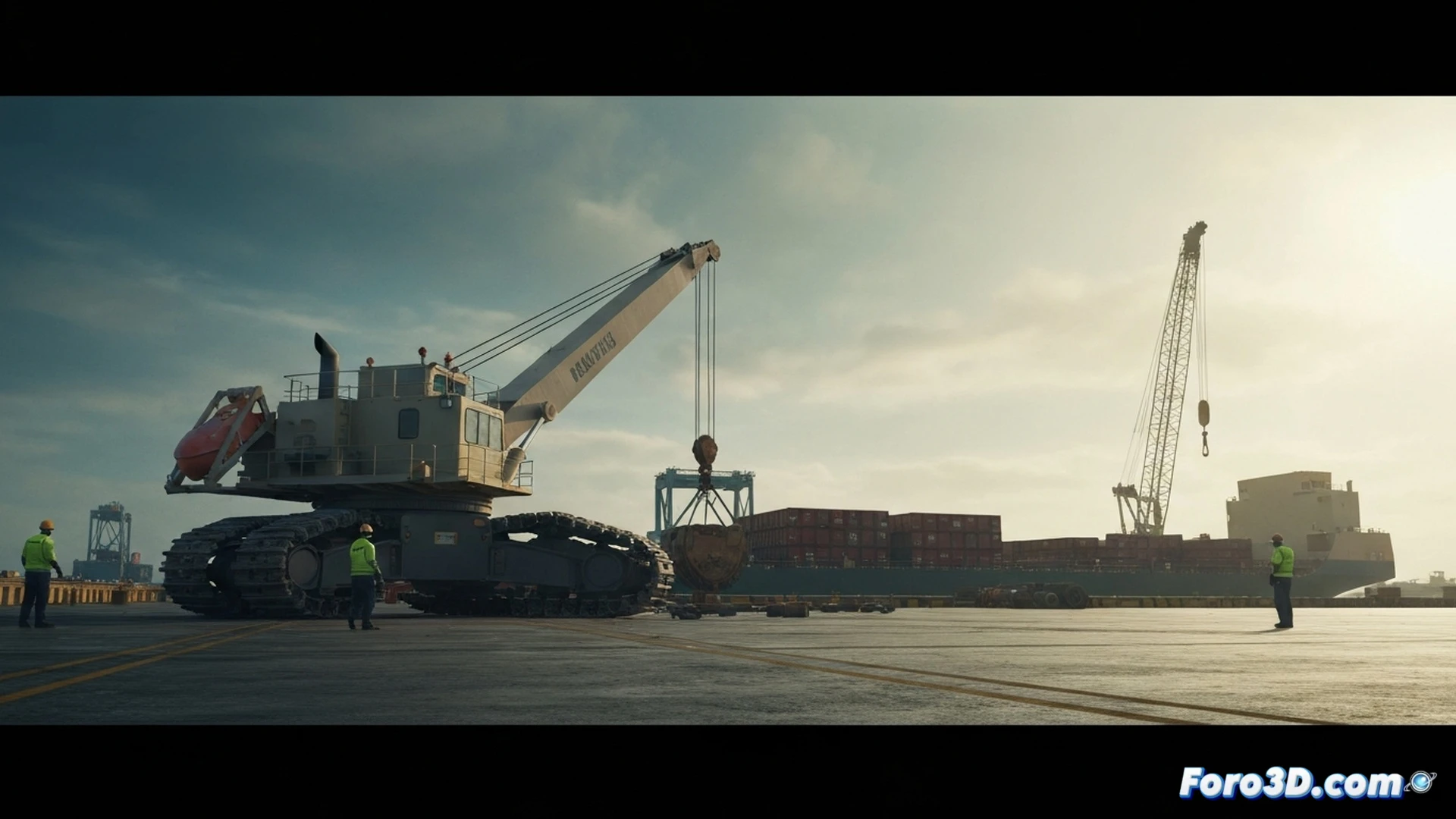 crawler maritime vehicle with broken track chain links and damaged rollers, port crane in background, technicians inspecting cracked metal components with flashlights and digital tablets, spare parts crates labeled in foreign language nearby, hydraulic jacks lifting the chassis, grease and rust on exposed gears, dramatic overcast sky, puddles reflecting industrial lights, photorealistic technical illustration, ultra-detailed mechanical wear, cinematic depth of field, action of repair assessment in progress