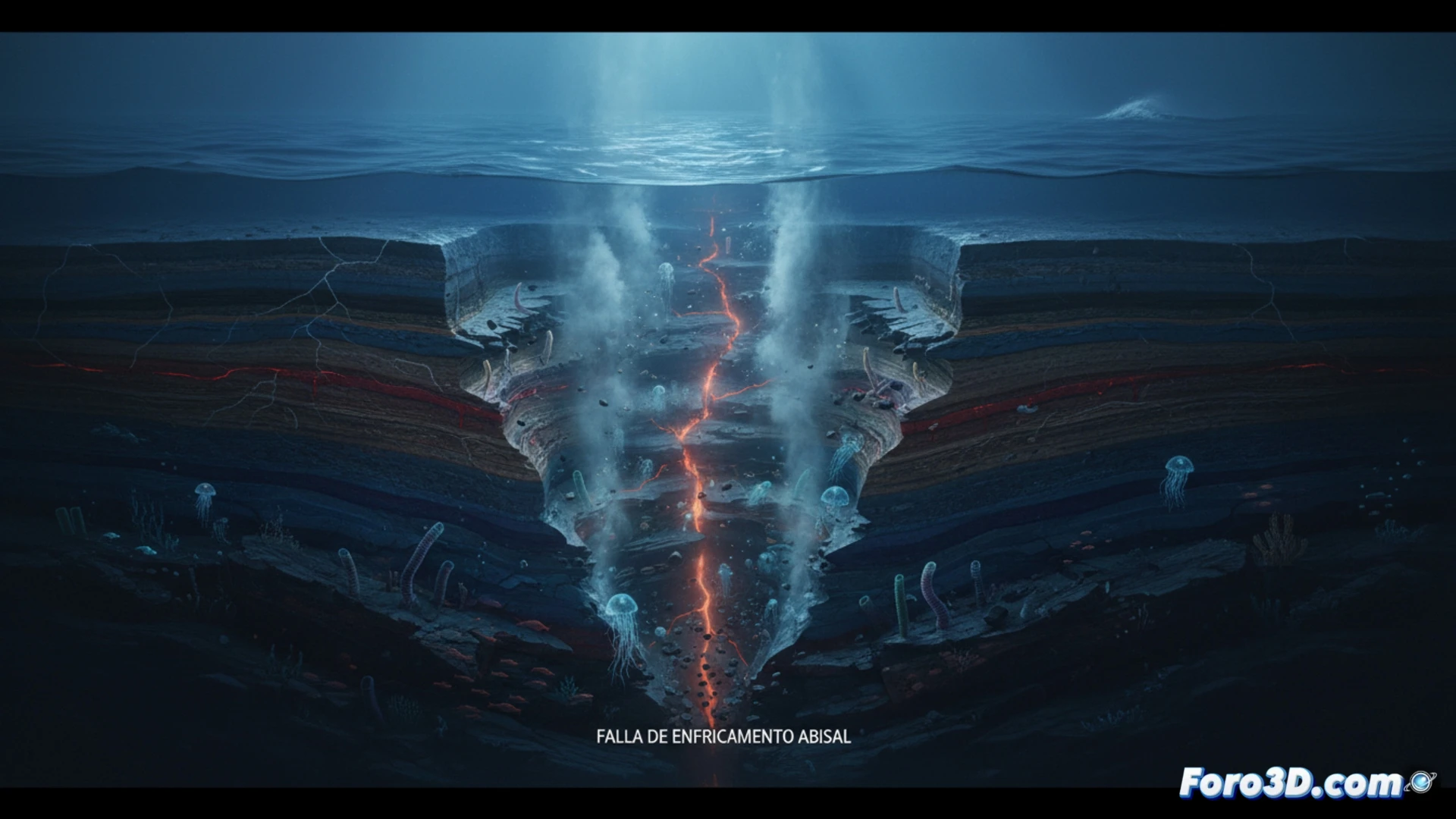 Visualización 3D de fisuras en la litosfera oceánica con placas tectónicas en movimiento y liberación de energía submarina