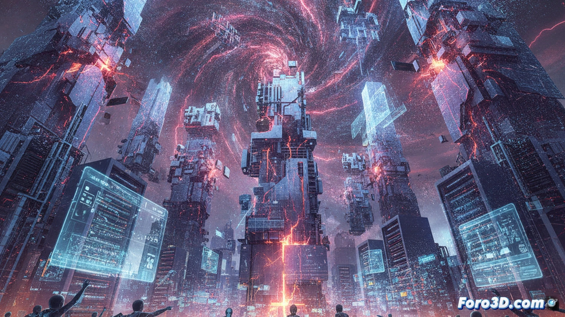 digital cityscape crumbling mid-construction, suspended holographic blueprints fracturing into corrupted data fragments, floating ghost blocks and duplicate wireframe structures drifting out of sync, glowing red error nodes spreading across the unfinished grid, developers hands frantically typing on a transparent holographic keyboard while a massive warning symbol pulses overhead, cinematic engineering visualization, photorealistic render, dramatic neon cyan and crimson lighting, particle debris scattering from collapsing geometry, ultra-detailed mechanical scaffolding, motion blur on falling components