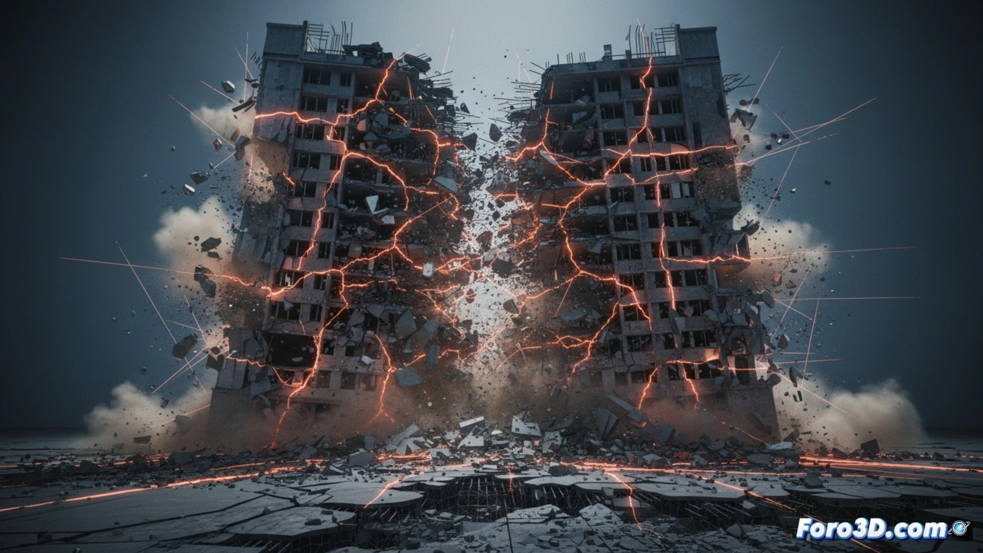Simulación 3D de falla de enjambre constructor mostrando grietas múltiples propagándose en estructura de concreto colapsando en cadena