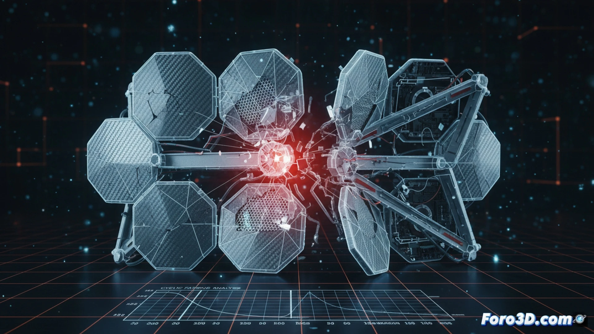 Modelo 3D de escudo plegable colapsado mostrando juntas articuladas fracturadas y deformación progresiva en barrera de contención