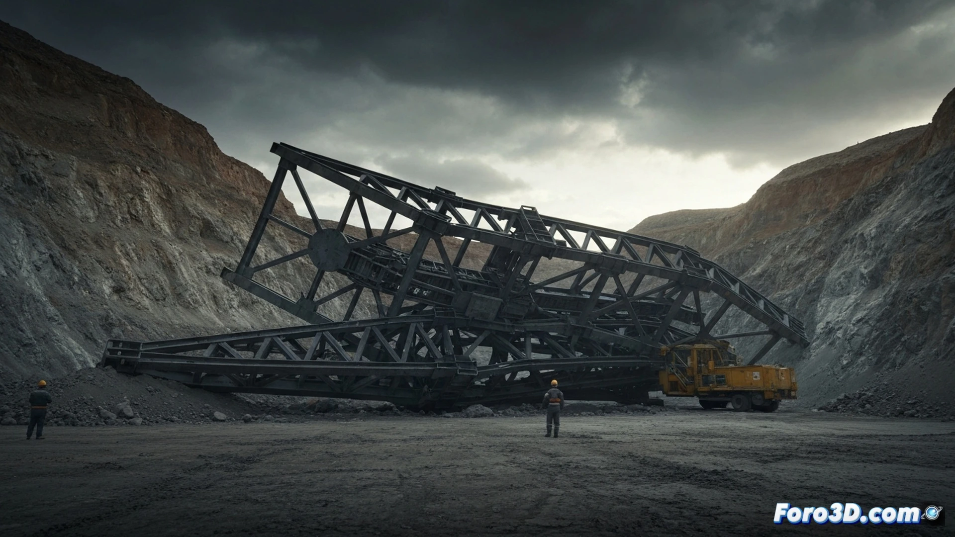 collapsed mining exoskeleton in underground copper mine, broken lumbar support frame snapped under mineral block weight, operator trapped beneath tilted load, hydraulic pistons bent and leaking fluid, rock dust particles suspended in air, headlamp beams cutting through darkness, rough stone walls surrounding the scene, technical engineering visualization, cinematic industrial lighting, metallic surfaces with scratches and wear, realistic damage to structural joints, photorealistic technical render