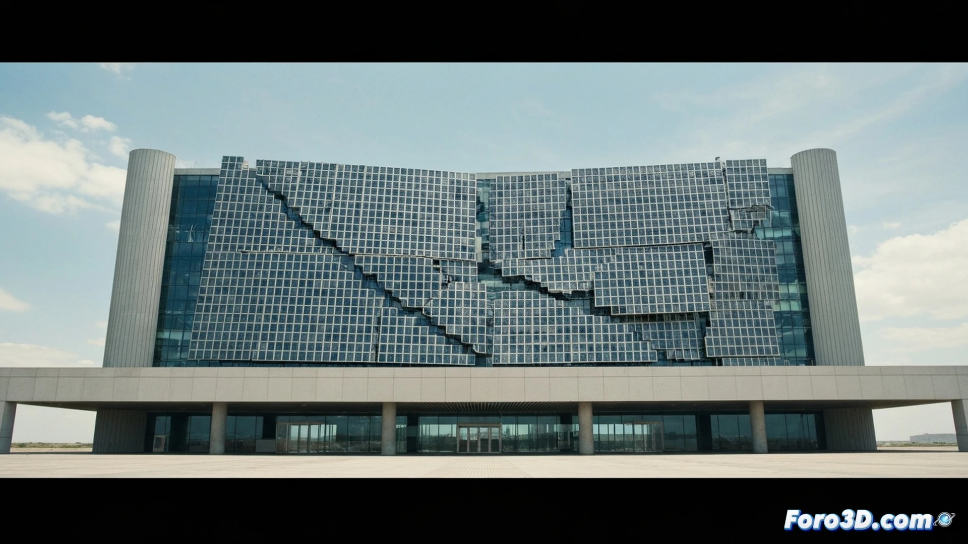 Modern high-rise building facade with malfunctioning kinetic panels, multiple aluminum louvers stuck at odd angles, one panel partially folded while another hangs loose, control rods visibly disconnected, exposed wiring and actuator joints jammed mid-rotation, pedestrians on sidewalk pointing upward, sunlight casting harsh shadows through misaligned slats, cinematic photorealistic architectural visualization, dramatic urban lighting, metallic surfaces with scratches and dust, mechanical failure evident in gear housing, technical engineering illustration style, ultra-detailed building materials, realistic city street context