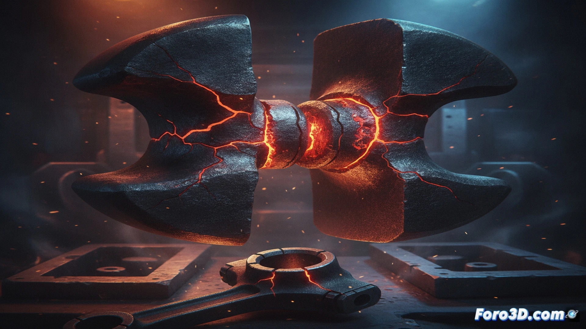 close-up cinematic engineering visualization of a steel connecting rod being hot forged in a hydraulic press, molten metal folding and cracking along the die cavity during the forming process, visible surface fissures and material discontinuities propagating through the grain structure, bright orange glowing billet with dark oxidized scale flaking off, industrial hydraulic press ram descending with immense force, metallic splatter and micro-cracks radiating from a stress concentration zone, photorealistic technical illustration, dramatic workshop lighting with sparks and steam, ultra-detailed fracture surface showing cleavage planes, high-contrast metallic textures, slow-motion action frozen mid-deformation
