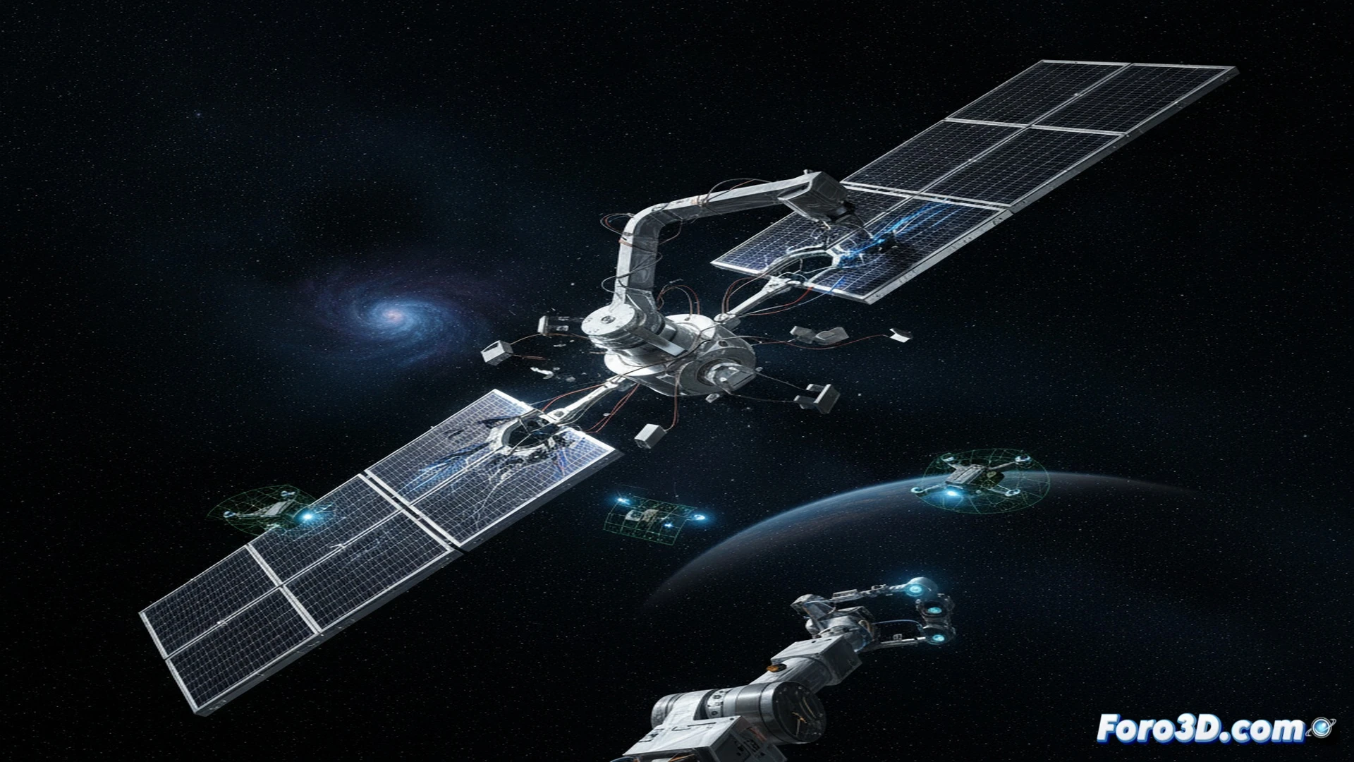 photorealistic technical illustration of satellite solar panel deployment mechanism failure, close-up on metallic grapa clamp joint fracturing under tension in orbit, broken carbon fiber strut with exposed wiring, panel misaligned at a dangerous angle against starfield, glowing stress lines along the damaged connection, zero-gravity debris particles floating nearby, cinematic engineering visualization with dramatic blue-white orbital lighting, ultra-detailed mechanical surfaces, microscopic crack propagation visible on the titanium alloy bracket, hyperrealistic industrial render