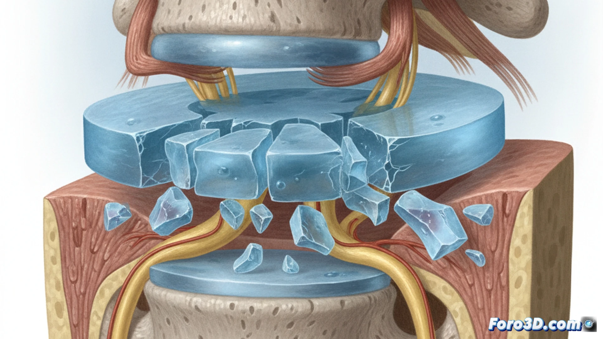 cross-section of a human spine with a failed hydrogel disc implant, fragmented gel particles scattered into the spinal canal, disc height visibly collapsed, surgical forceps gripping a broken hydrogel piece during a revision procedure, technical engineering visualization, photorealistic medical illustration, dramatic surgical lighting, metallic retractors holding tissue apart, exposed vertebral bone texture, gel fragments with jagged edges, clinical atmosphere, ultra-detailed anatomical structures, realistic material degradation