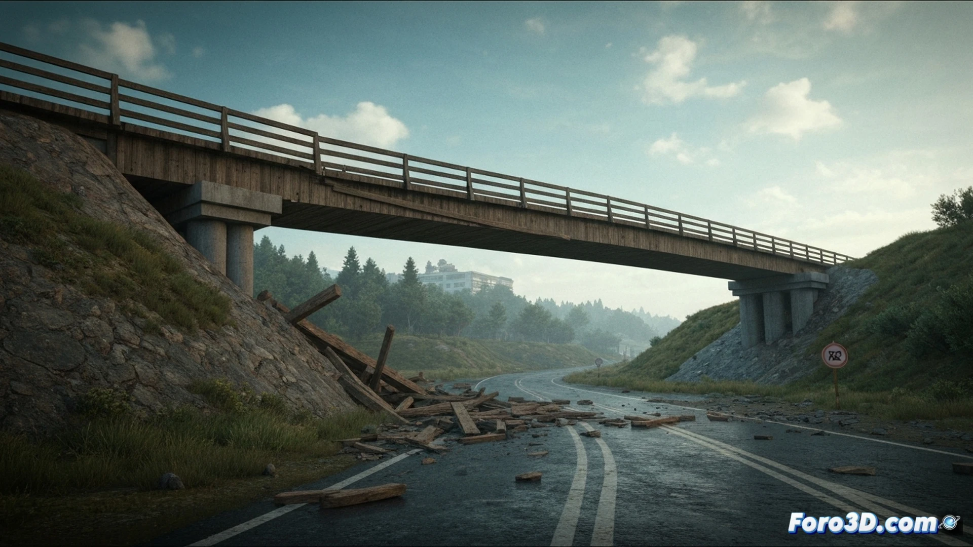 wooden bridge collapse sequence, main support beam splitting under vertical load, diagonal cracks spreading through pine timber grain, rusted metal brackets pulling apart from anchor points, broken deck planks hanging at steep angles, splintered wood fragments suspended mid-air during failure, civil engineering forensic visualization, realistic wood texture with moisture stains, exposed cross-section showing internal rot and insect damage, dramatic side lighting emphasizing structural fracture mechanics, photorealistic technical illustration, muted brown and grey color palette, high-contrast shadows on broken surfaces
