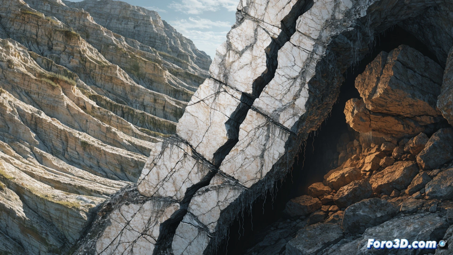Aerial cinematic visualization of the San Andreas Fault line glowing with intense red stress markers, geological sensors embedded in cracked earth showing extreme tension readings, emergency vehicles moving along coastal highways while evacuation drills occur near fault-adjacent suburban neighborhoods, photorealistic technical illustration, dramatic golden hour lighting casting long shadows across fault displacement, cracked asphalt roads and tilted power lines demonstrating ground deformation, ultra-detailed rock strata with visible shear stress indicators, realistic atmospheric haze over distant mountains, engineering visualization style with precise geological detail